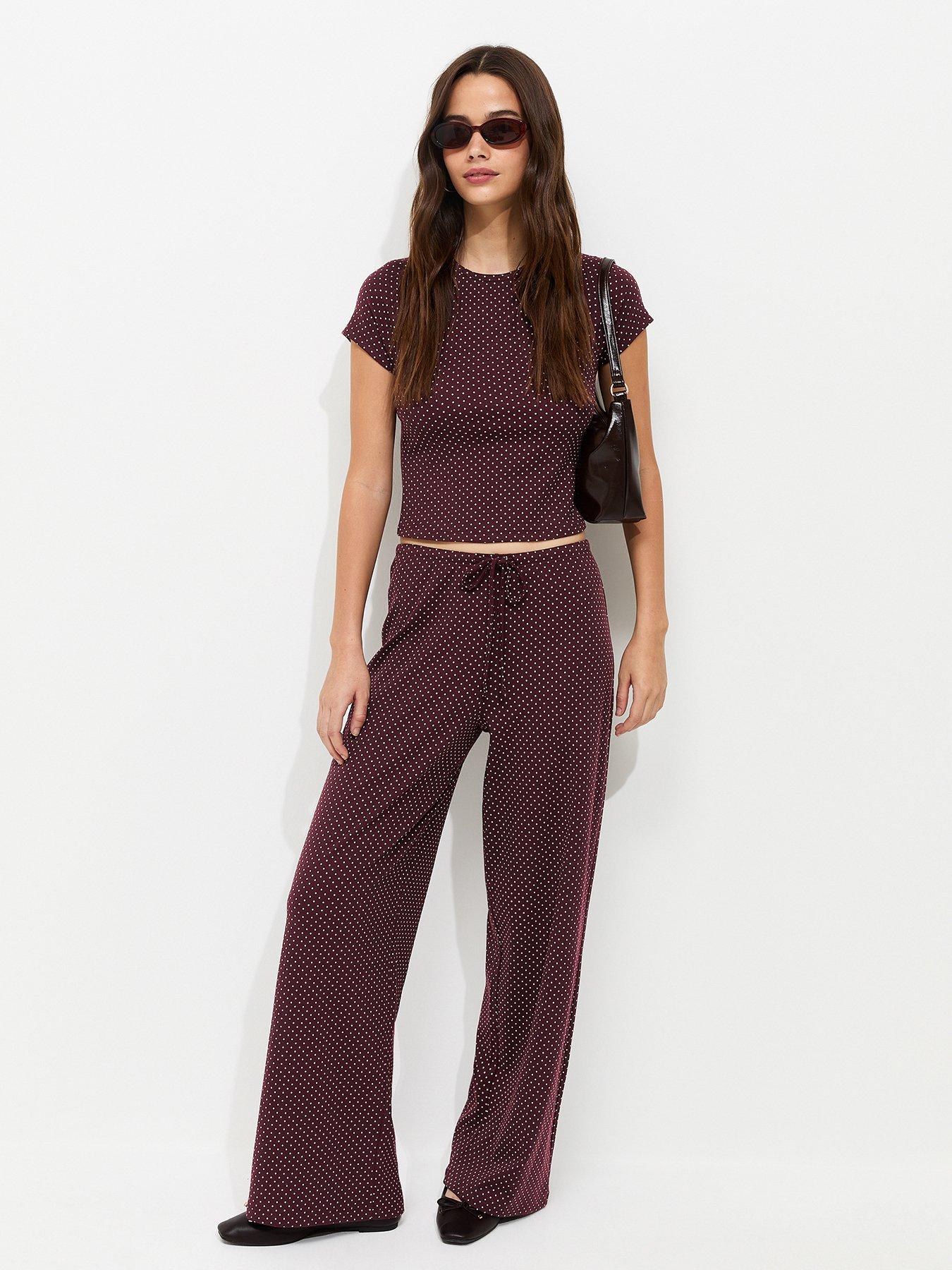 New Look Burgundy Polka Dot Drawstring Wide Leg Co-ord Trousers