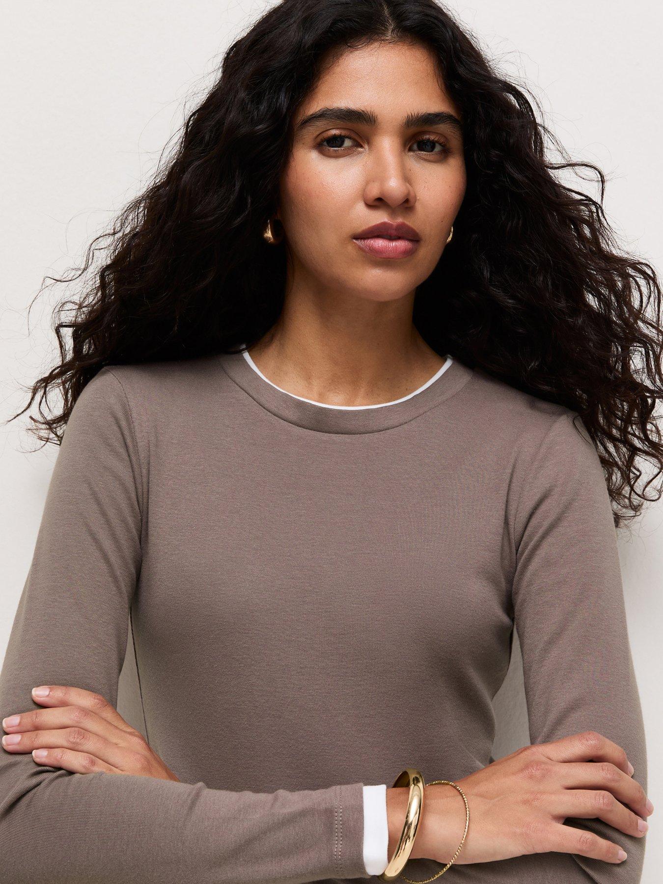 New Look Cotton Rich Double Layer Long Sleeve Top - Brown