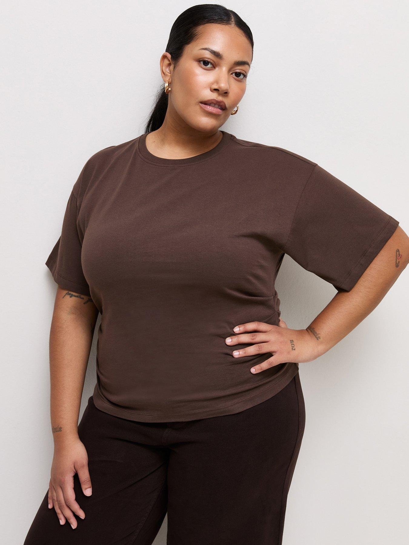 Image 1 of 6 of New Look Curves Ruched Side Corset Waist T-Shirt - Brown