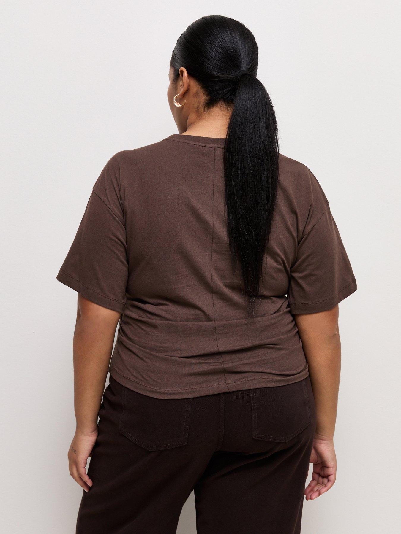 Image 2 of 6 of New Look Curves Ruched Side Corset Waist T-Shirt - Brown