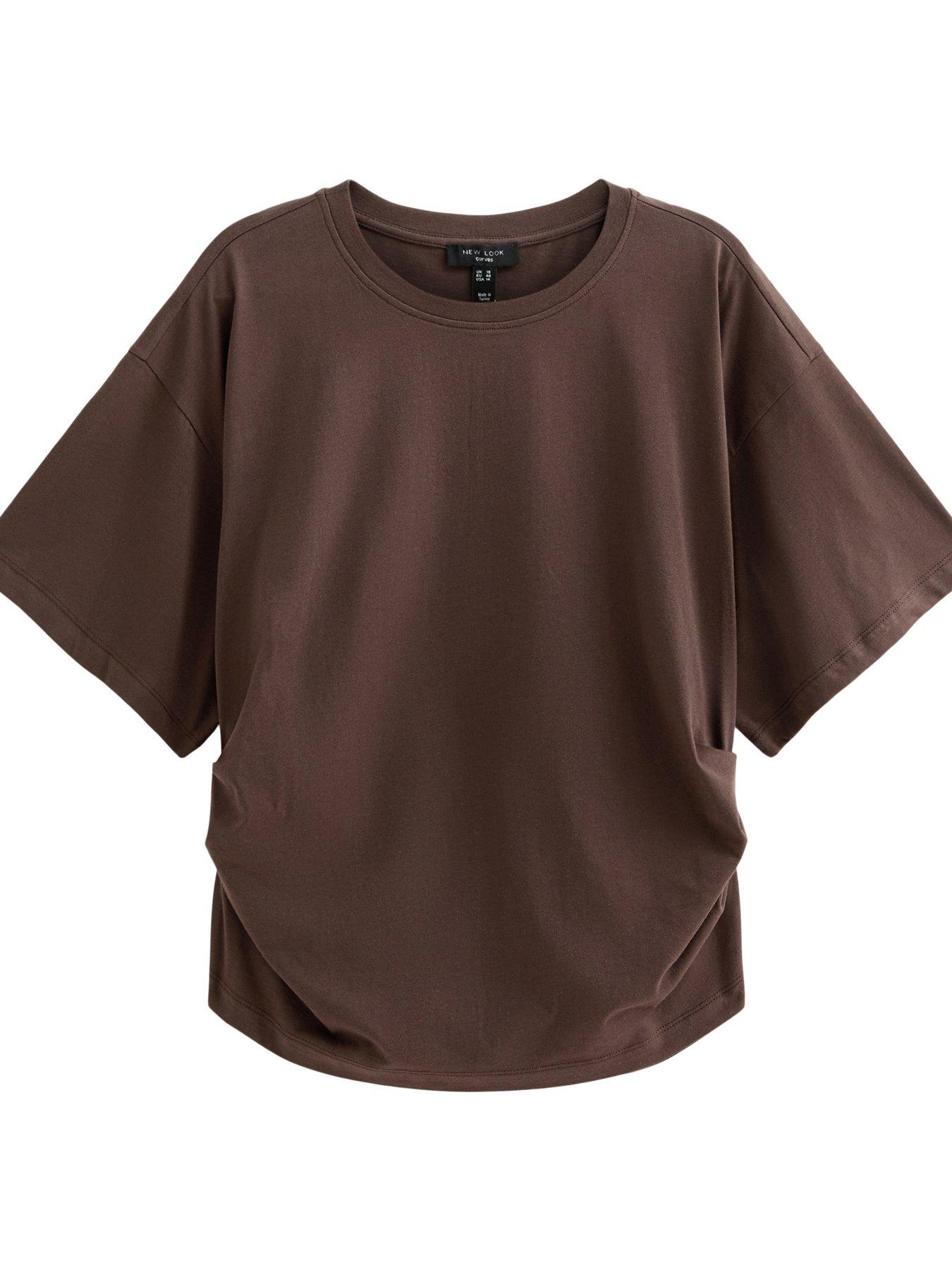 Image 5 of 6 of New Look Curves Ruched Side Corset Waist T-Shirt - Brown