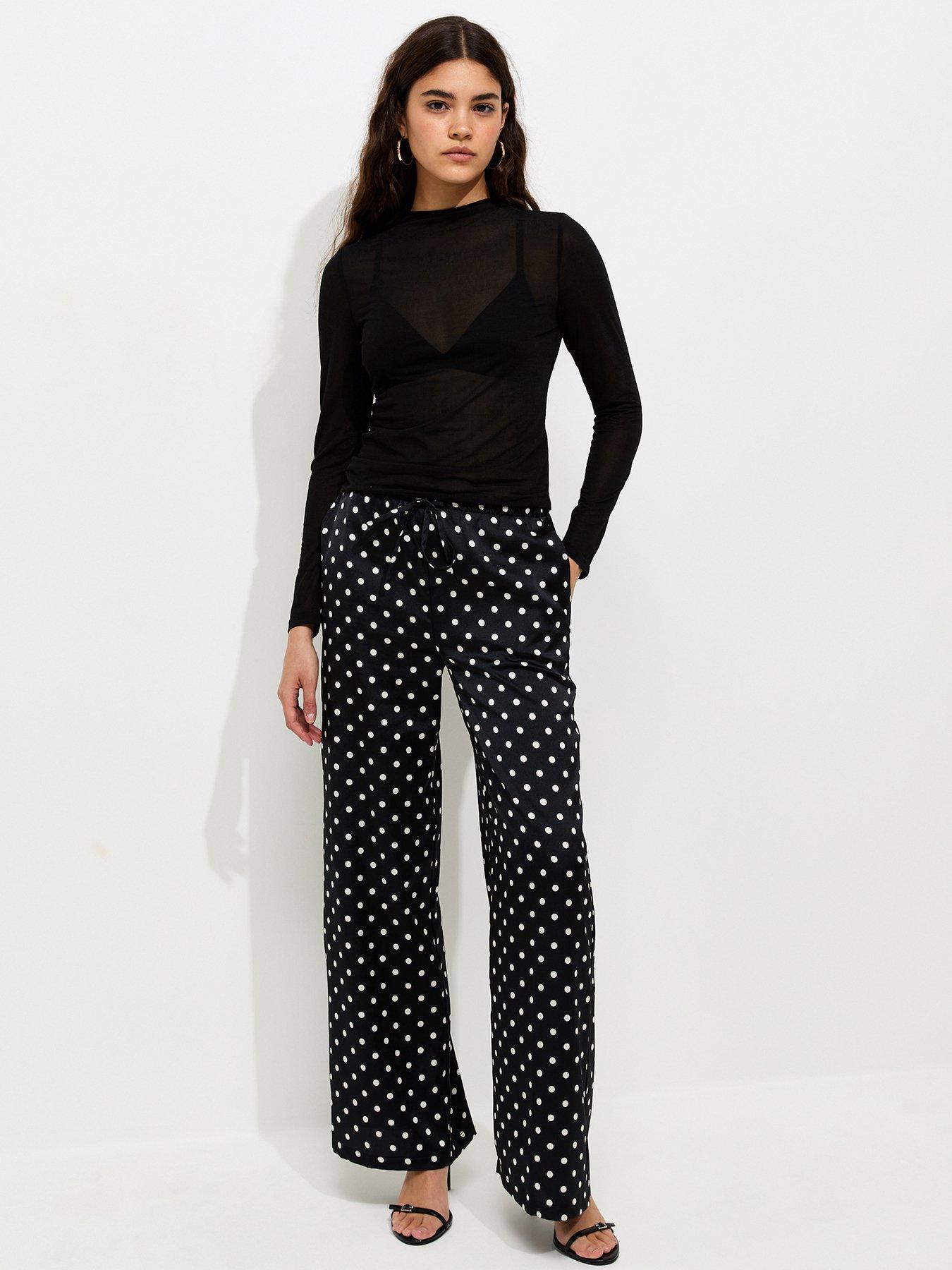 Image 1 of 5 of New Look Polka Dot Satin Wide Leg Trousers - Black