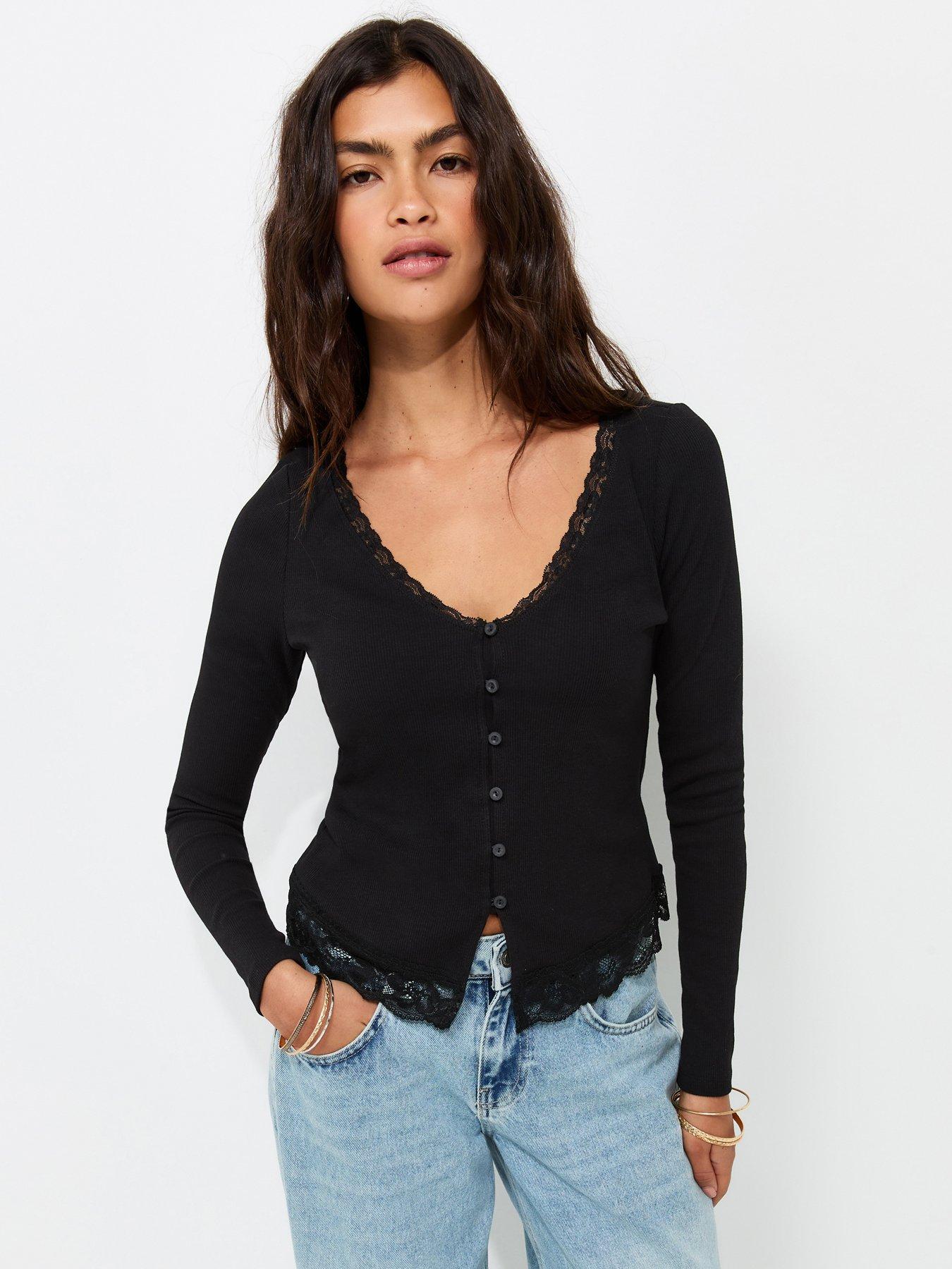 Image 1 of 6 of New Look Cotton Rich Lace Trim V-Neck Button Front Top - Black