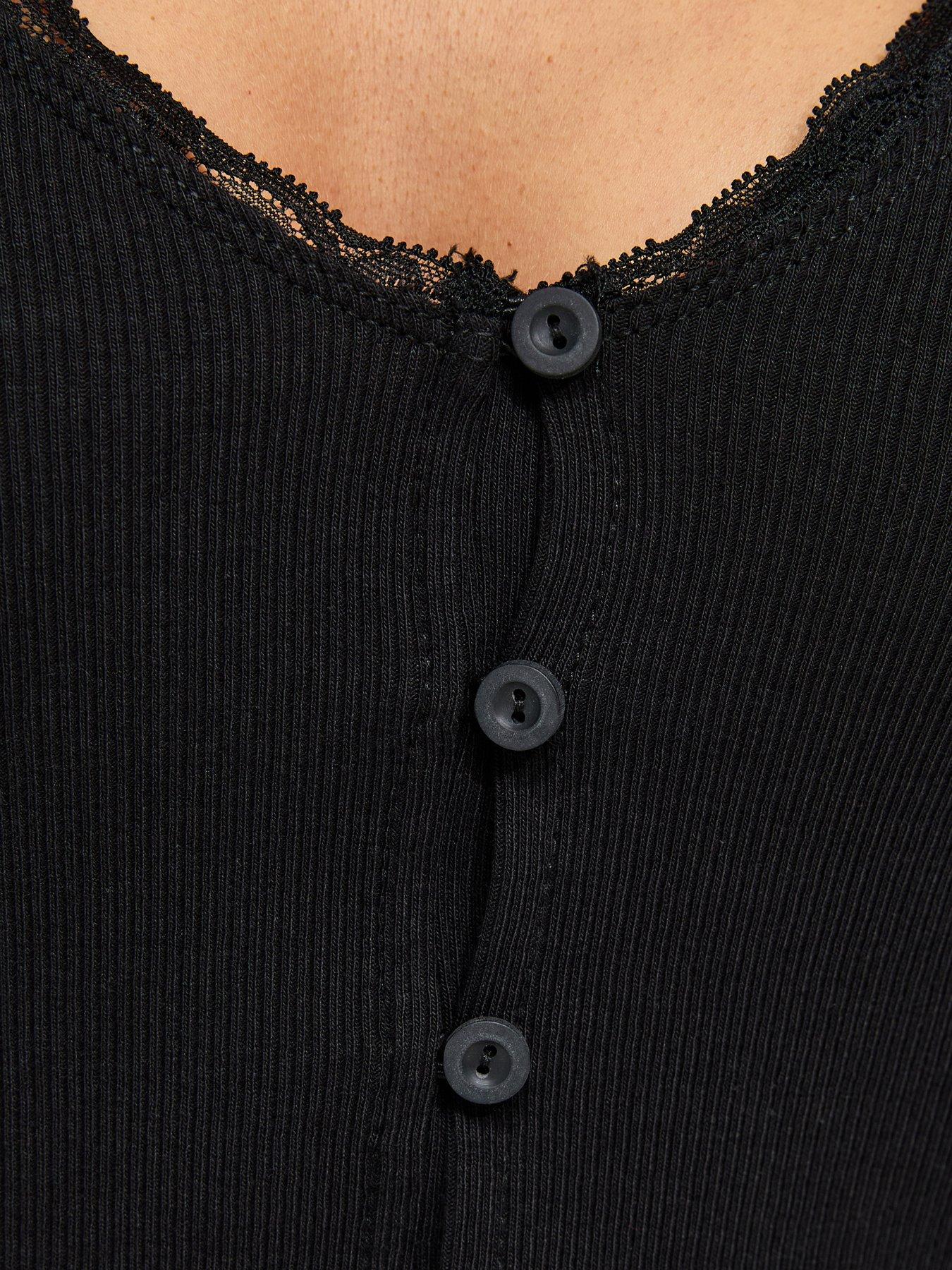Image 5 of 6 of New Look Cotton Rich Lace Trim V-Neck Button Front Top - Black