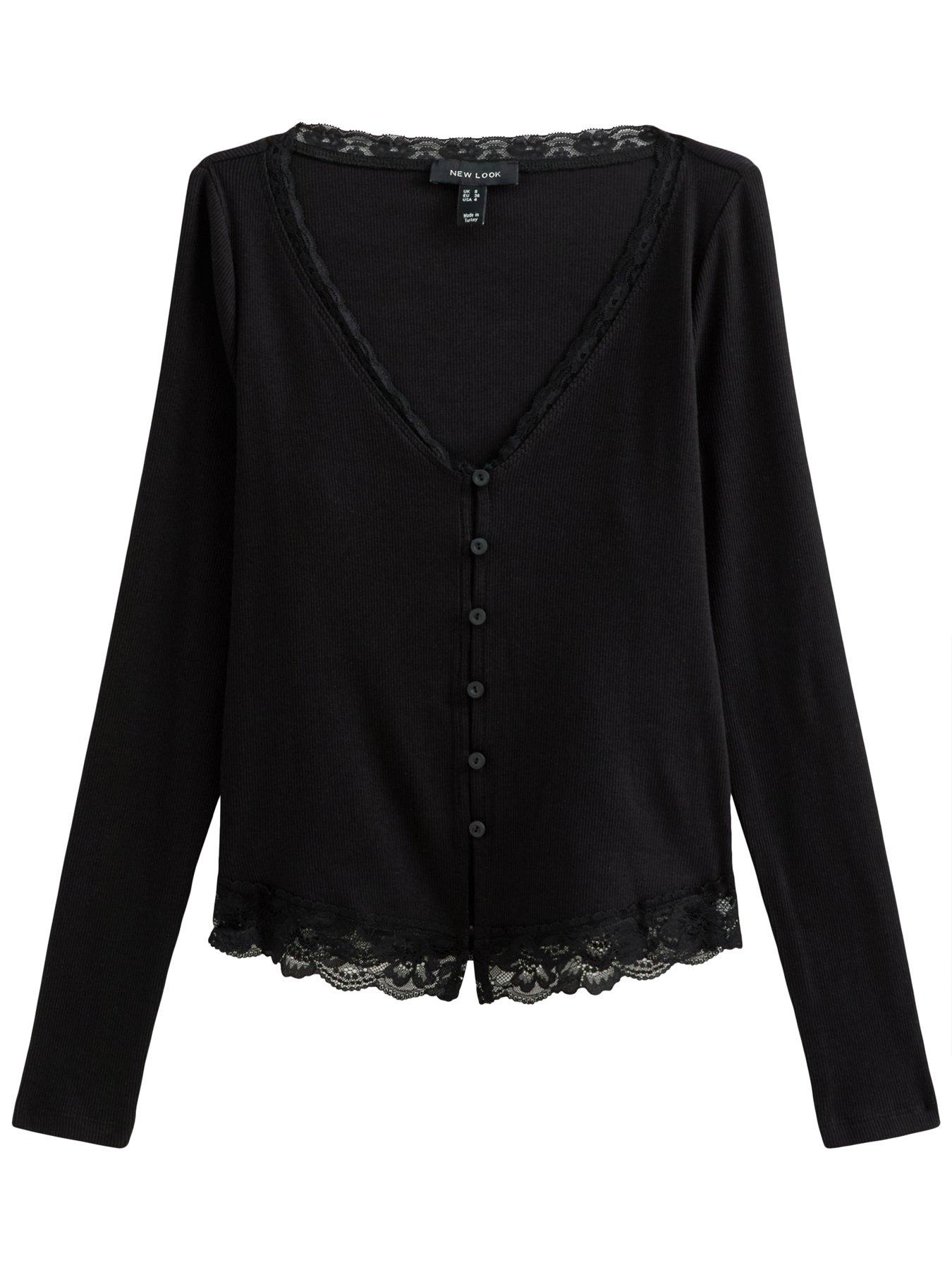 Image 6 of 6 of New Look Cotton Rich Lace Trim V-Neck Button Front Top - Black