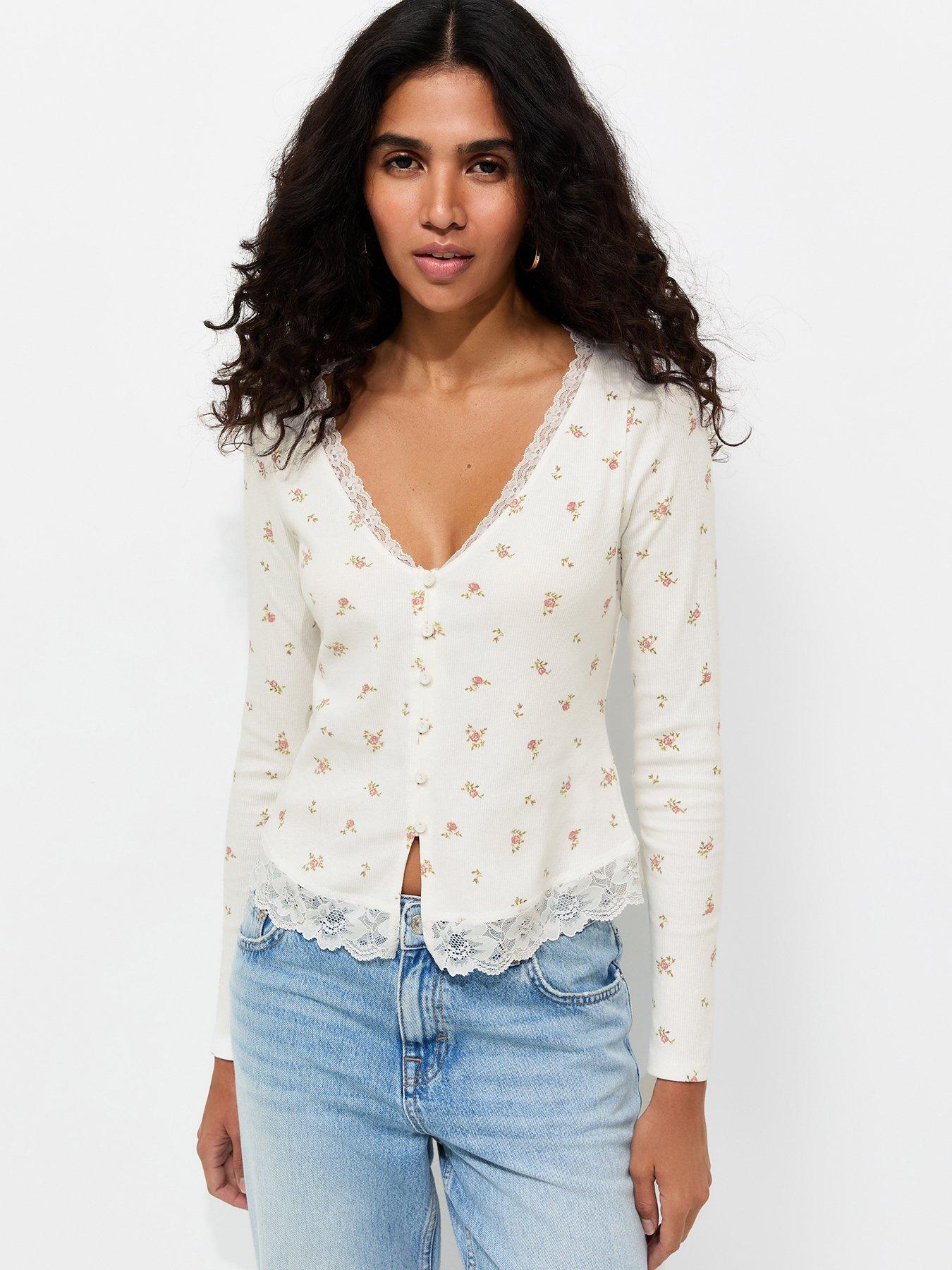 New Look Cotton Rich Floral Print Button Front Ribbed Top - Cream