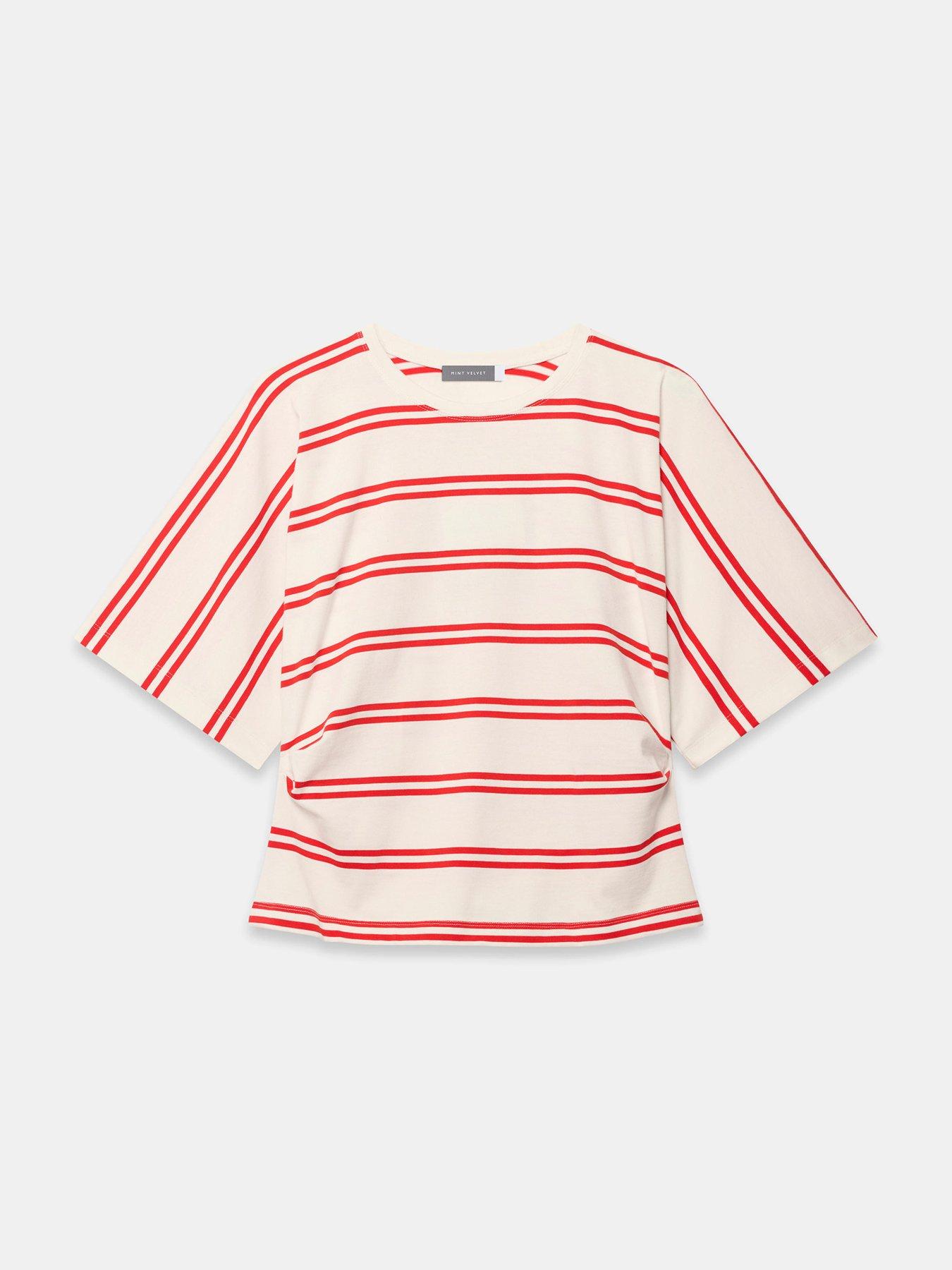 Image 5 of 6 of Mint Velvet Striped Ruched Waist T-Shirt - Red