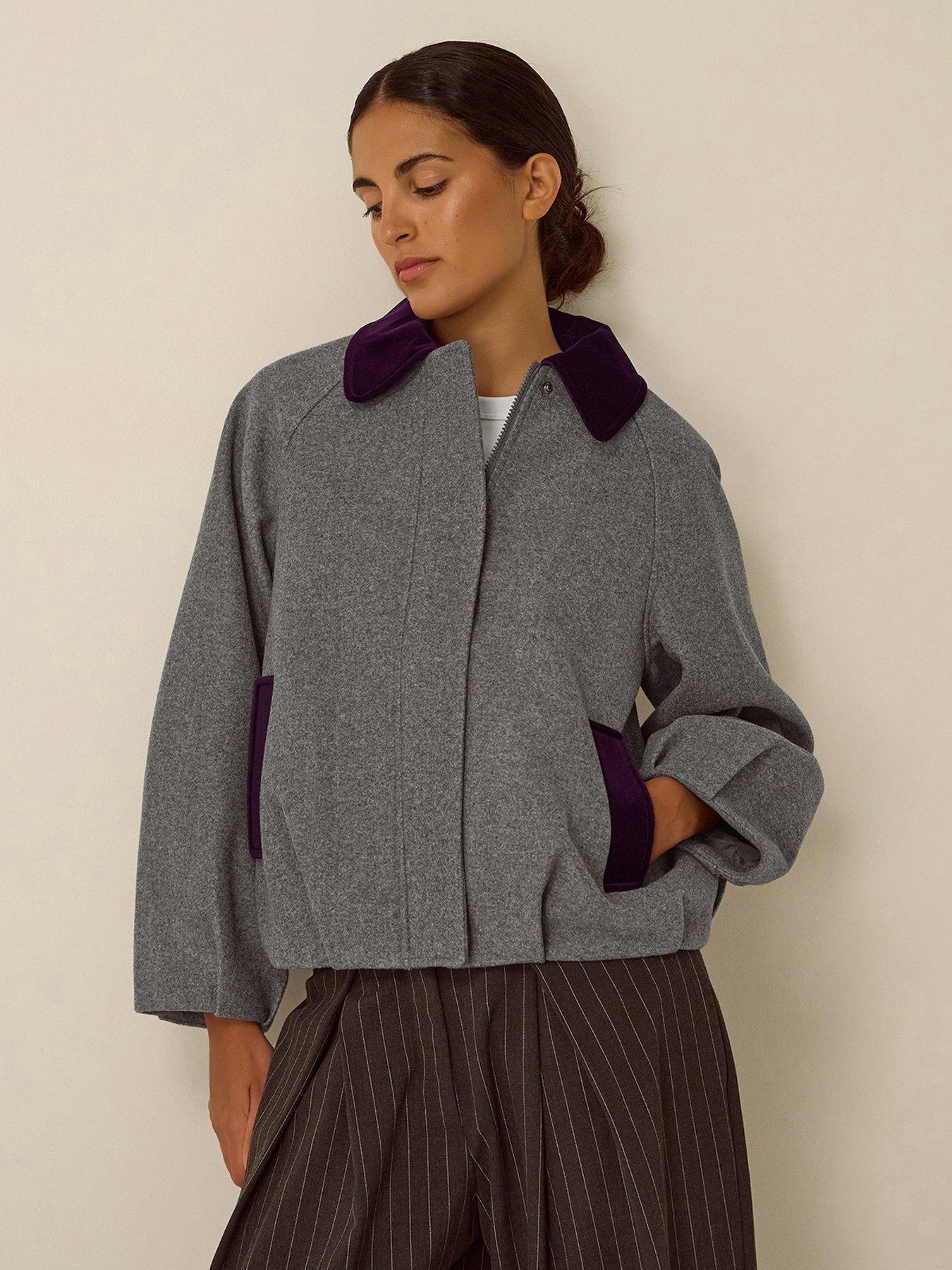 Monsoon Jess Velvet Trim Bomber Jacket - Grey