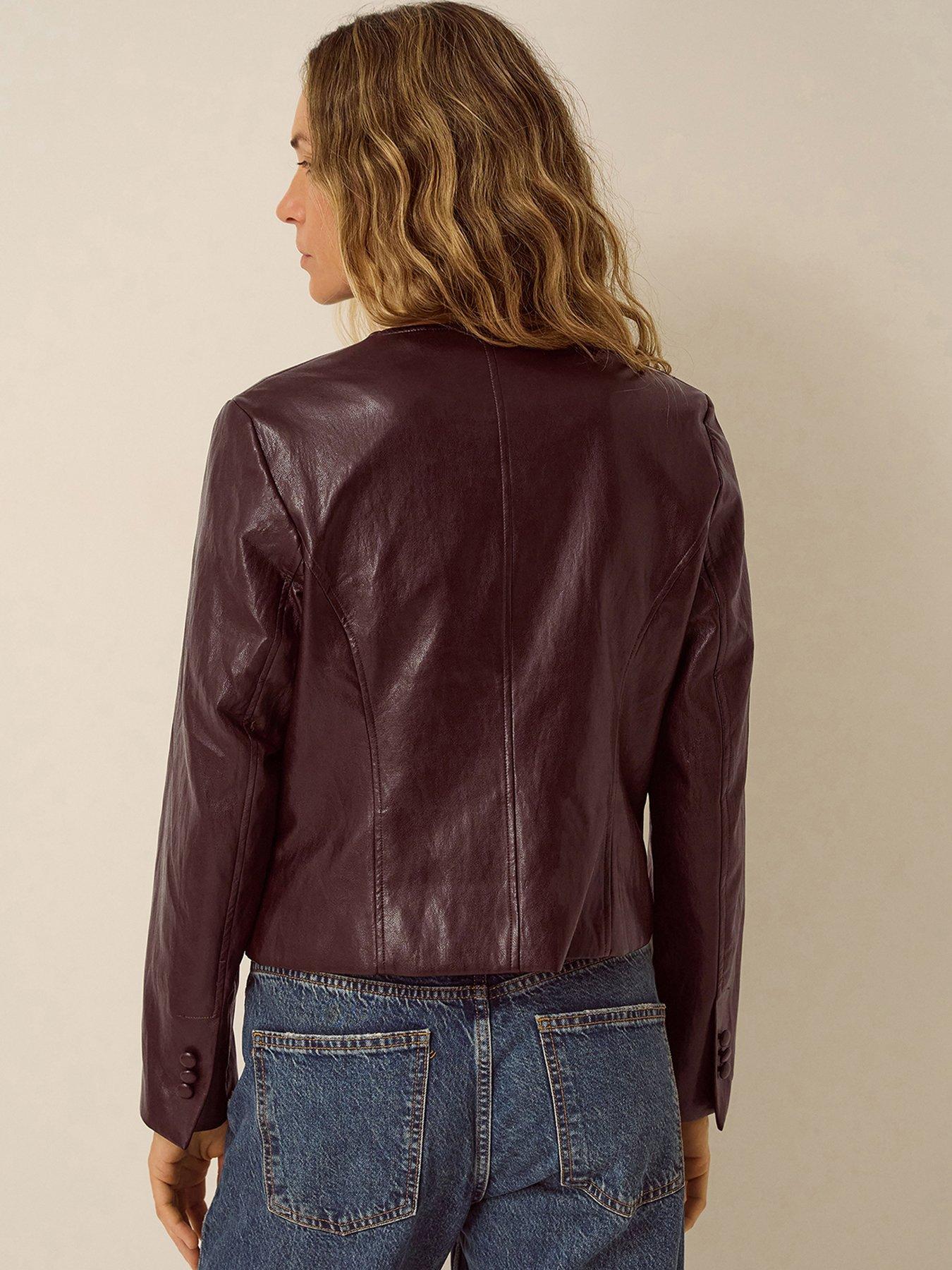 Image 2 of 6 of Monsoon Womens Scallop Button Cropped Faux Leather Jacket - Brown
