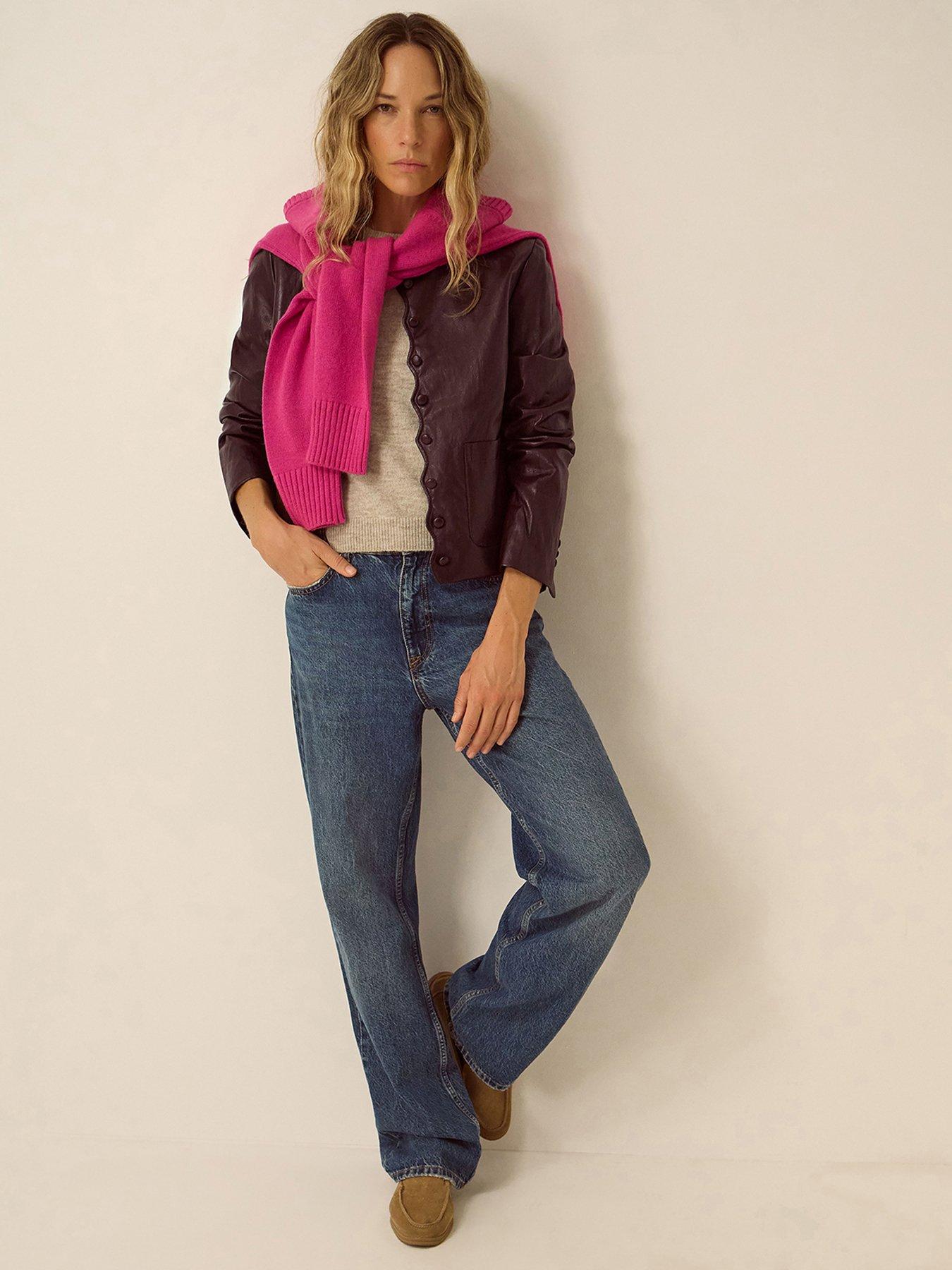 Image 4 of 6 of Monsoon Womens Scallop Button Cropped Faux Leather Jacket - Brown
