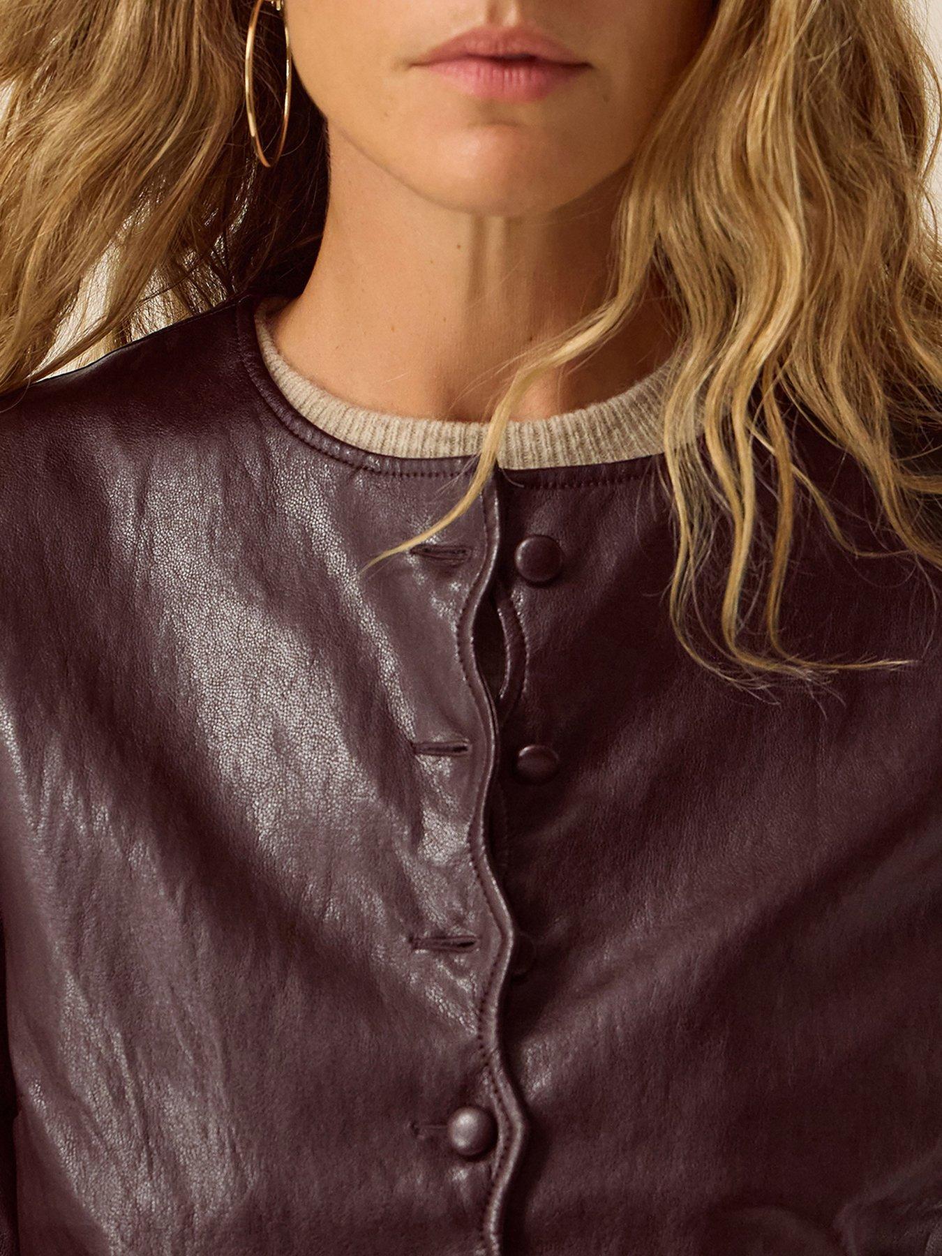 Image 5 of 6 of Monsoon Womens Scallop Button Cropped Faux Leather Jacket - Brown