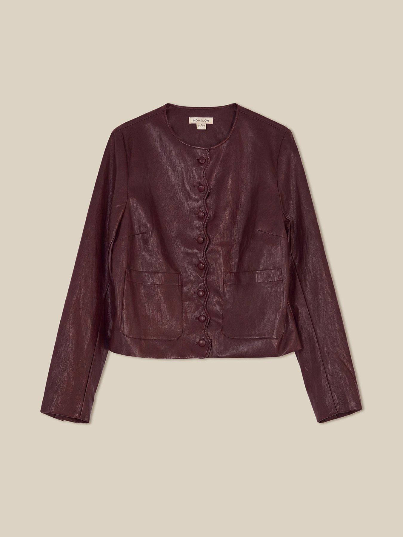 Image 6 of 6 of Monsoon Womens Scallop Button Cropped Faux Leather Jacket - Brown