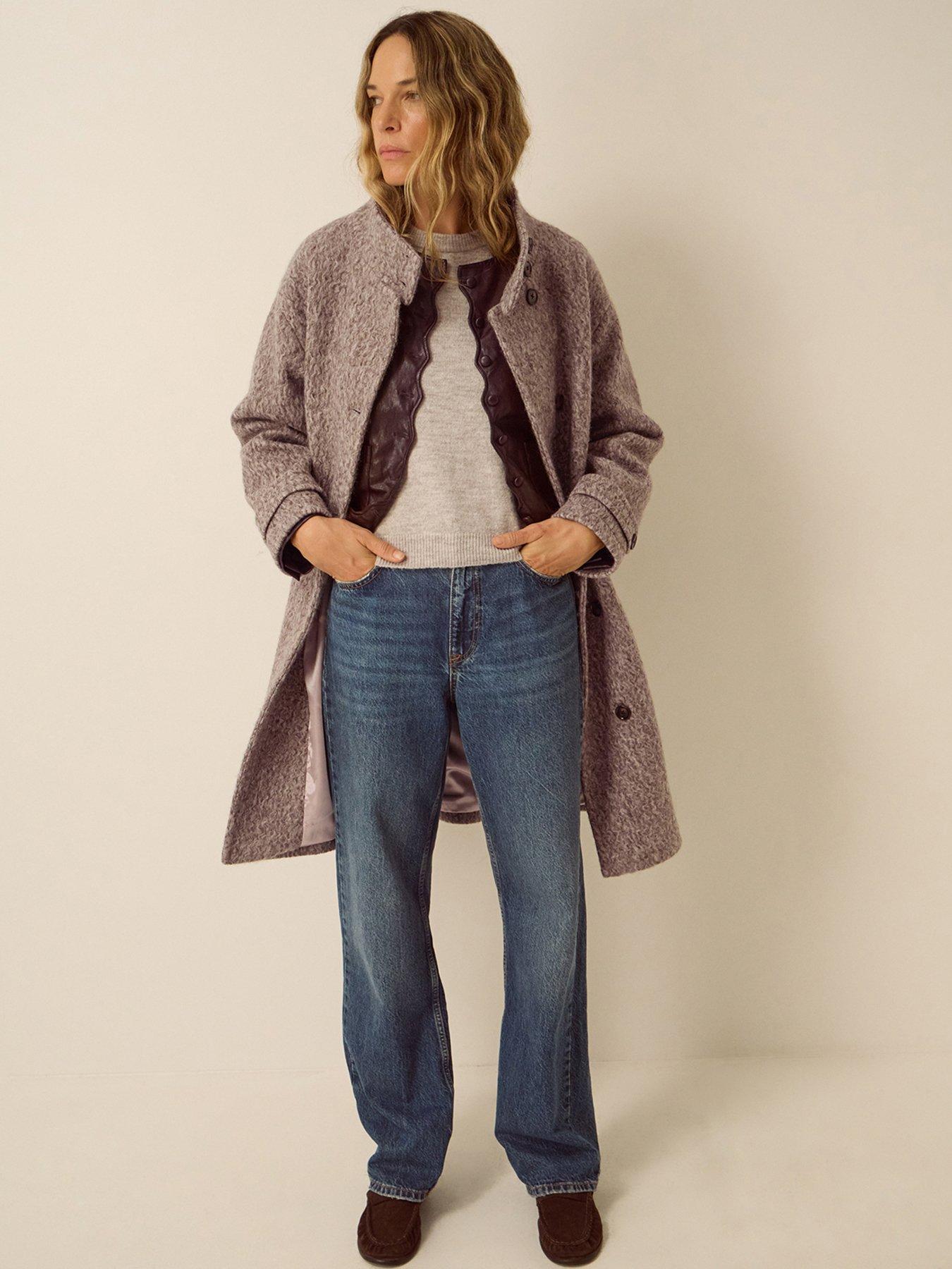 Image 4 of 5 of Monsoon Womens Boucle Stand Collar Longline Coat - Brown