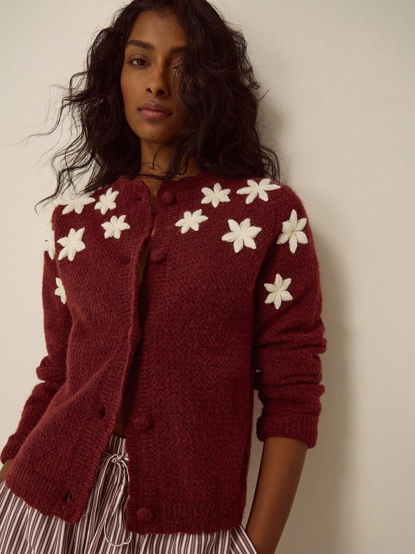 Monsoon Erin Floral Embroidered Cardigan - Red