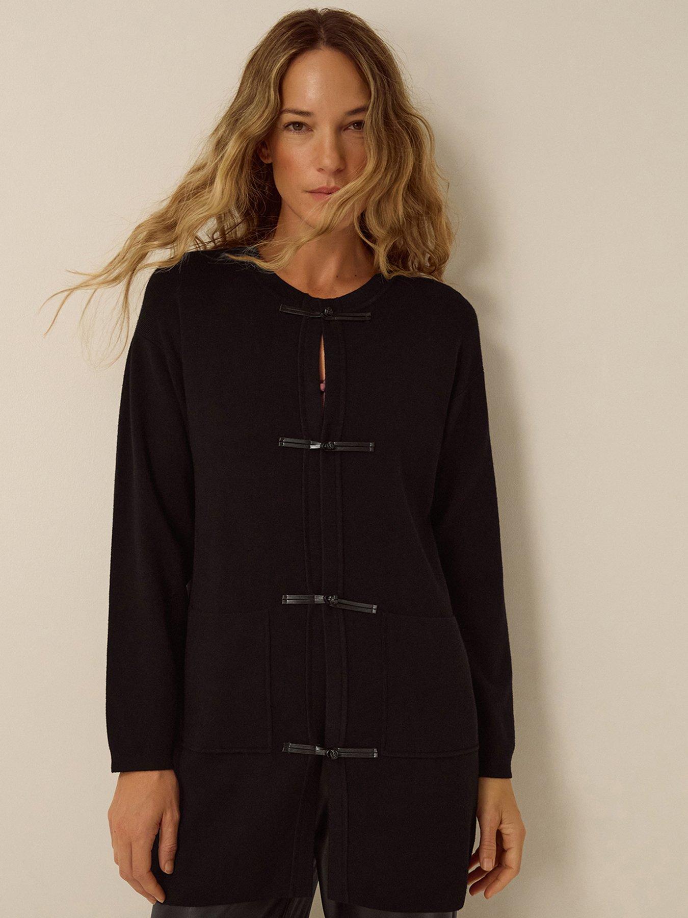 Image 1 of 5 of Monsoon Womens Tie-Front Trim Longline Cardigan Jacket - Black