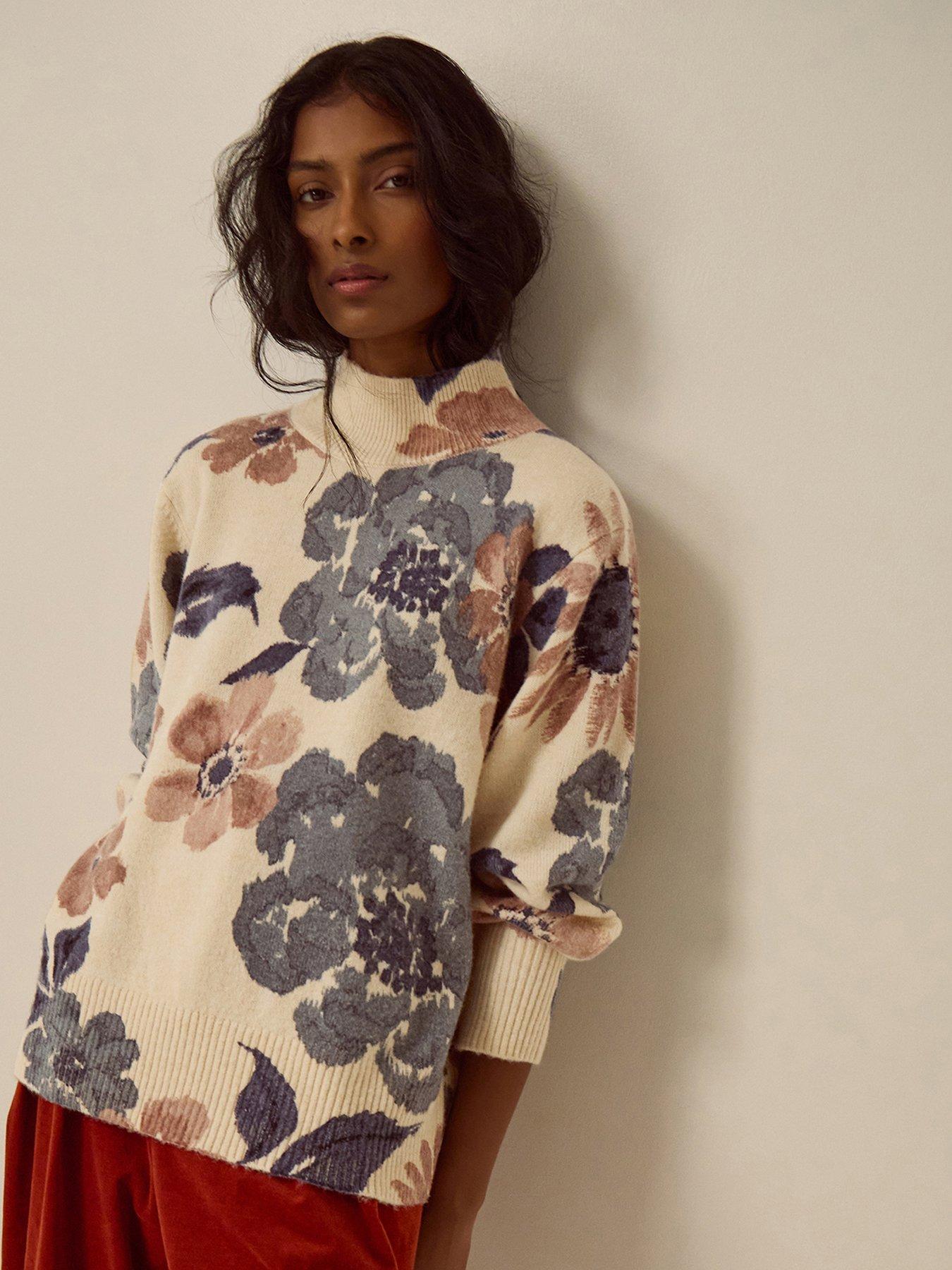 Image 1 of 5 of Monsoon Olive High Neck Floral Jumper - Cream