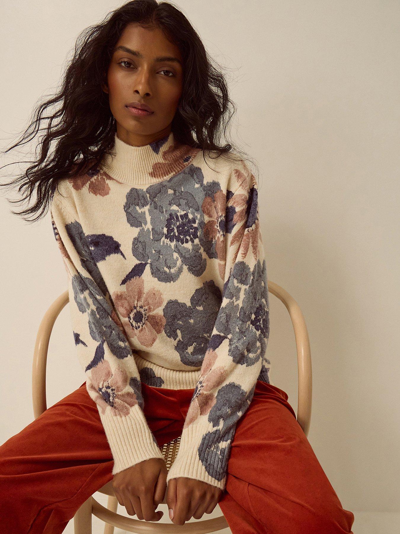 Image 5 of 5 of Monsoon Olive High Neck Floral Jumper - Cream