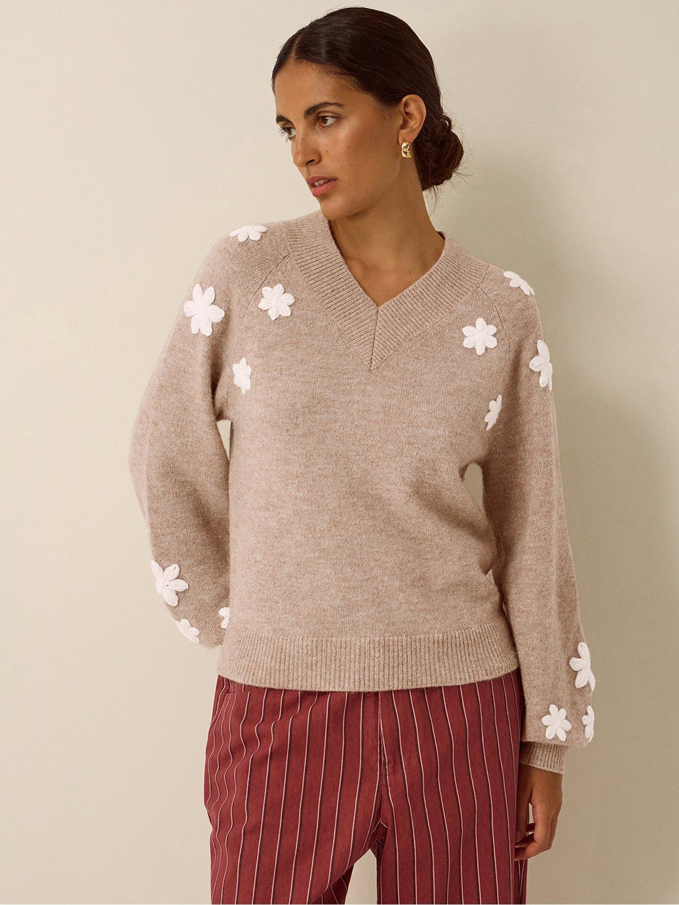 Monsoon Emily Floral Embroidered Jumper - Brown