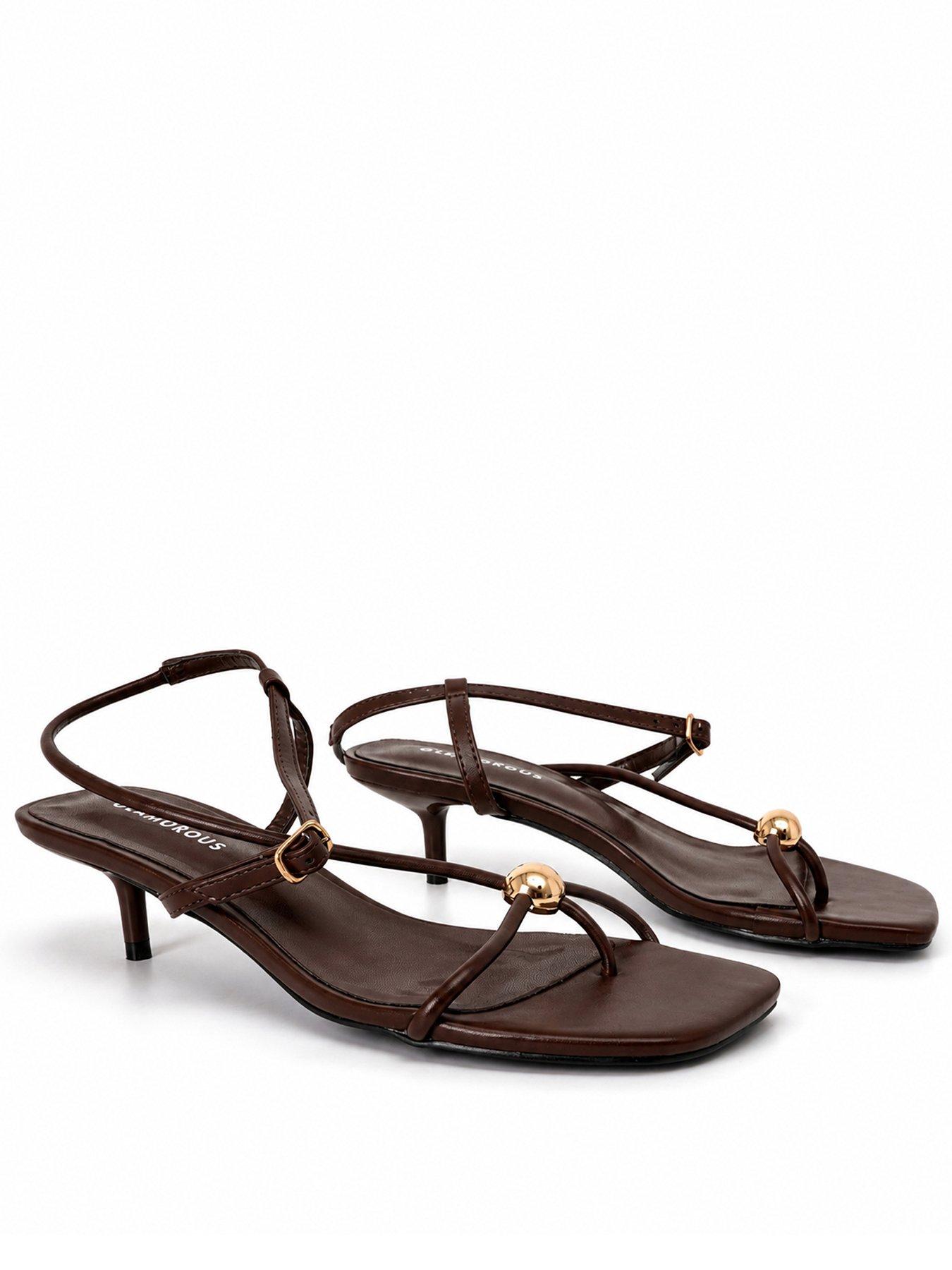 Image 1 of 5 of Glamorous Womens Kitten Heel Metallic Trim Sandals - Brown