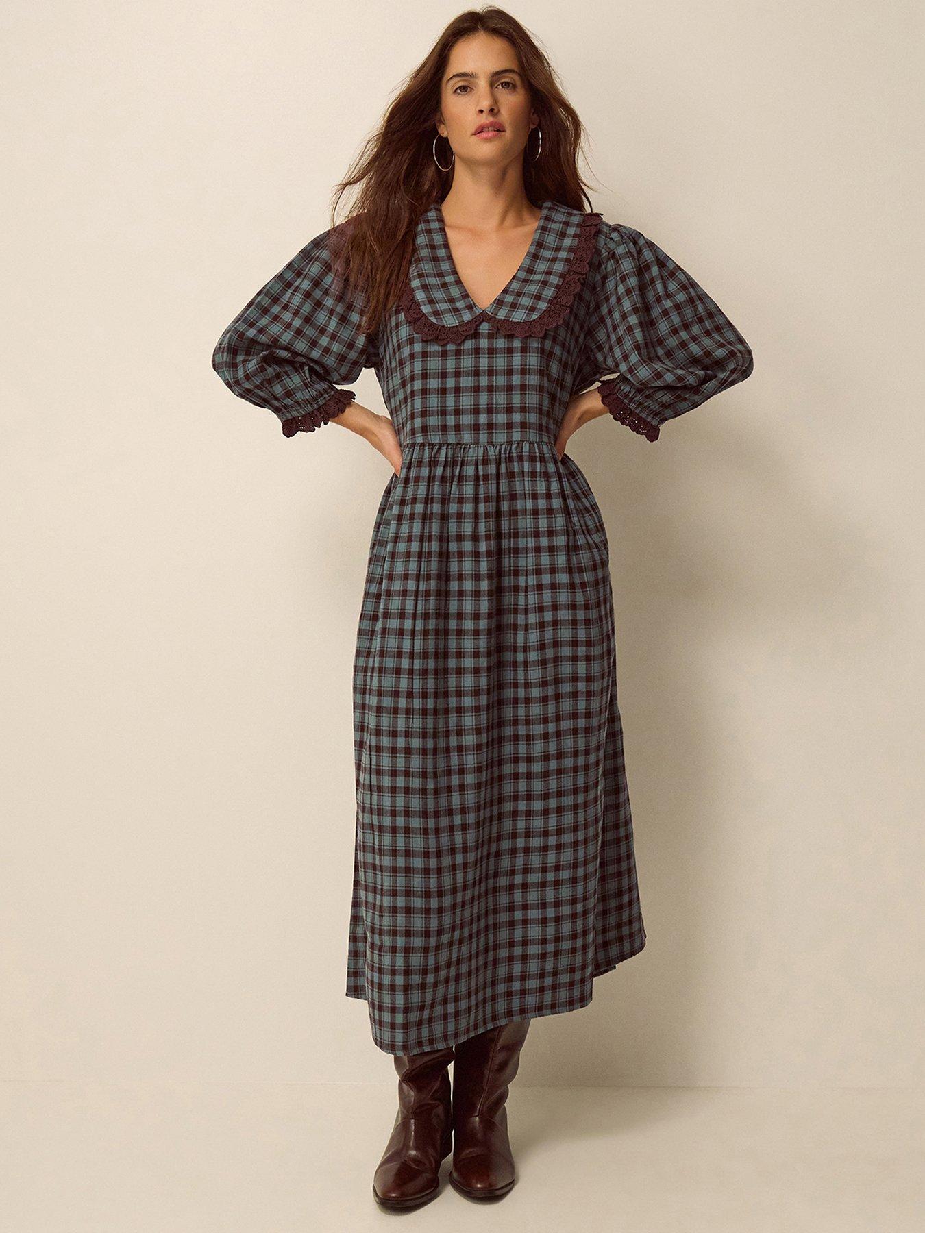 Monsoon Ruby Collar Check Print Midi Dress - Blue