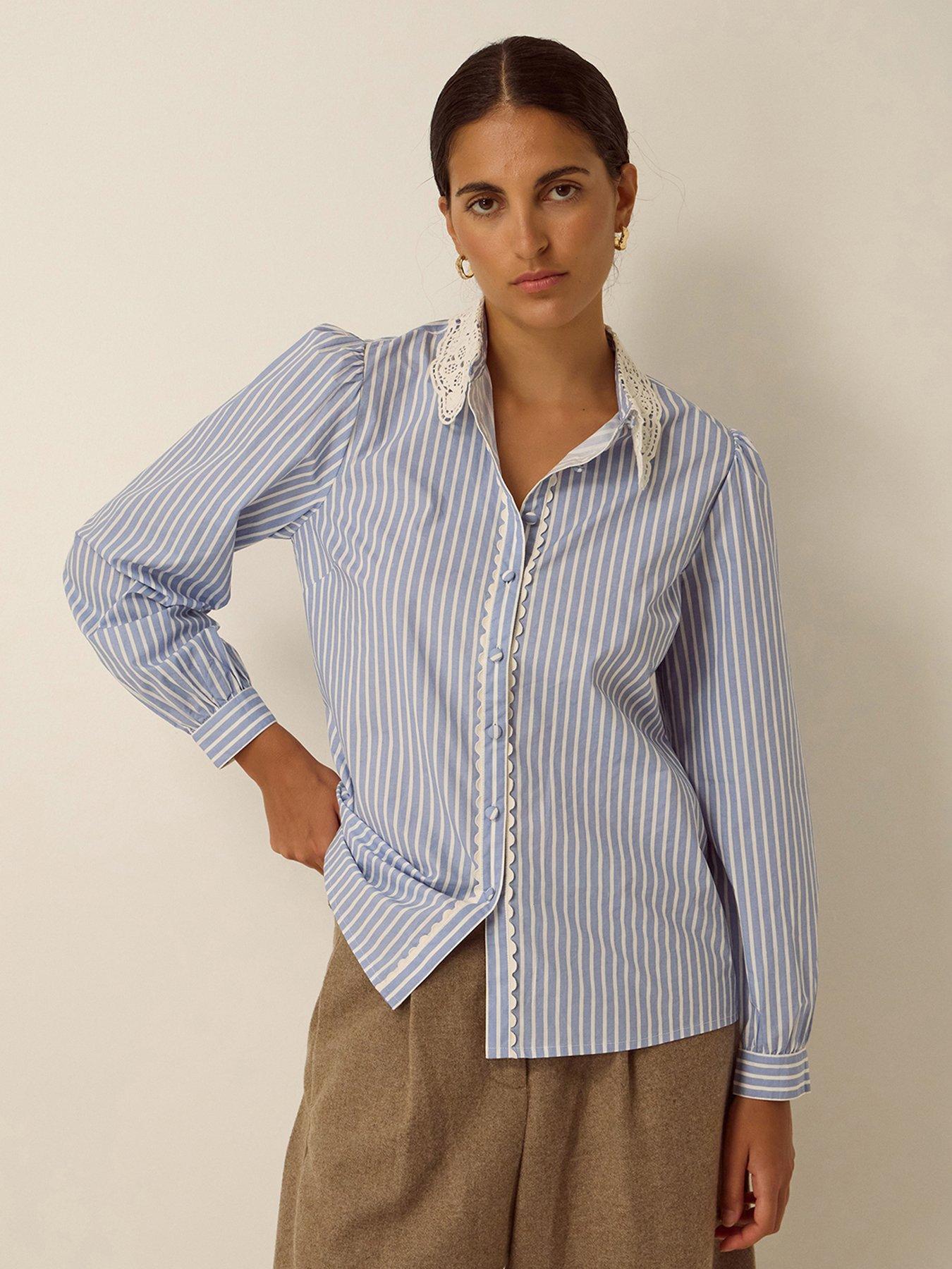 Image 1 of 5 of Monsoon Womens Lace Collar Stripe Shirt - Blue