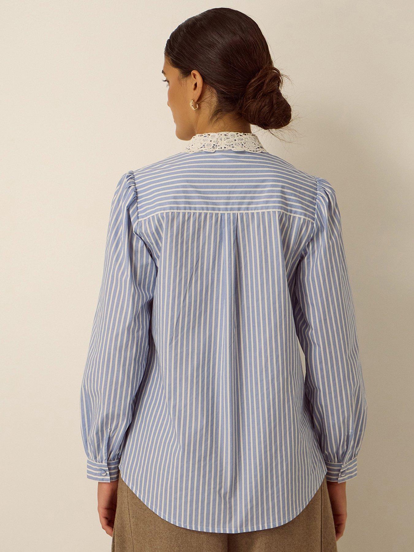 Image 2 of 5 of Monsoon Womens Lace Collar Stripe Shirt - Blue