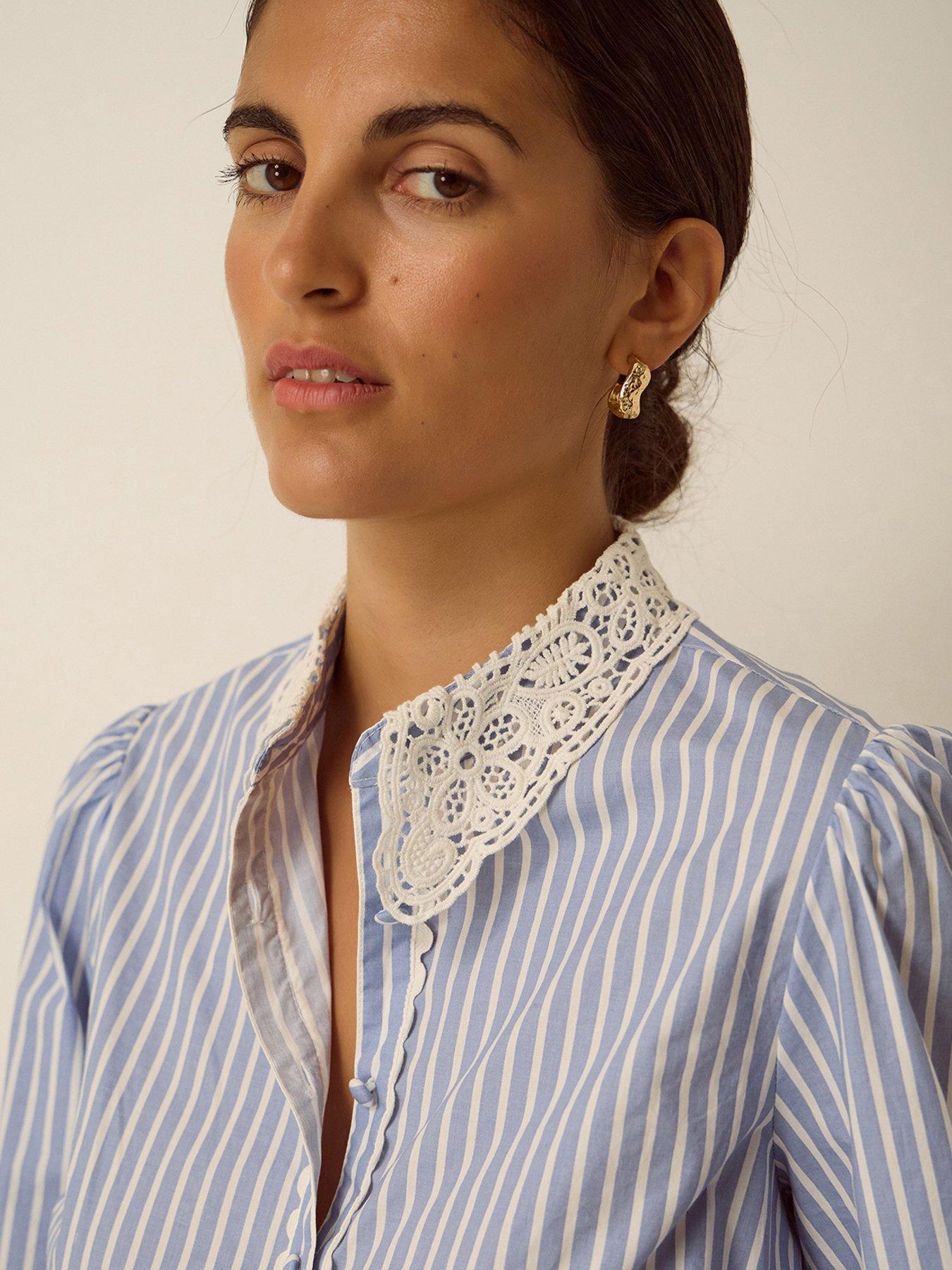 Image 4 of 5 of Monsoon Womens Lace Collar Stripe Shirt - Blue
