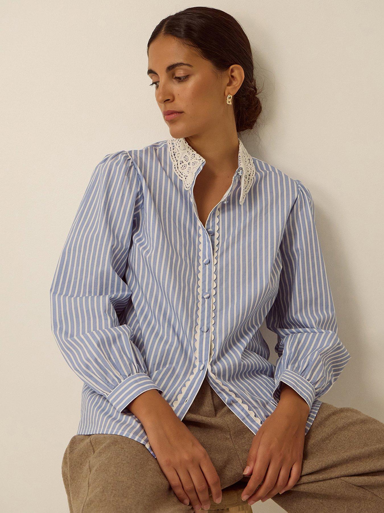 Image 5 of 5 of Monsoon Womens Lace Collar Stripe Shirt - Blue