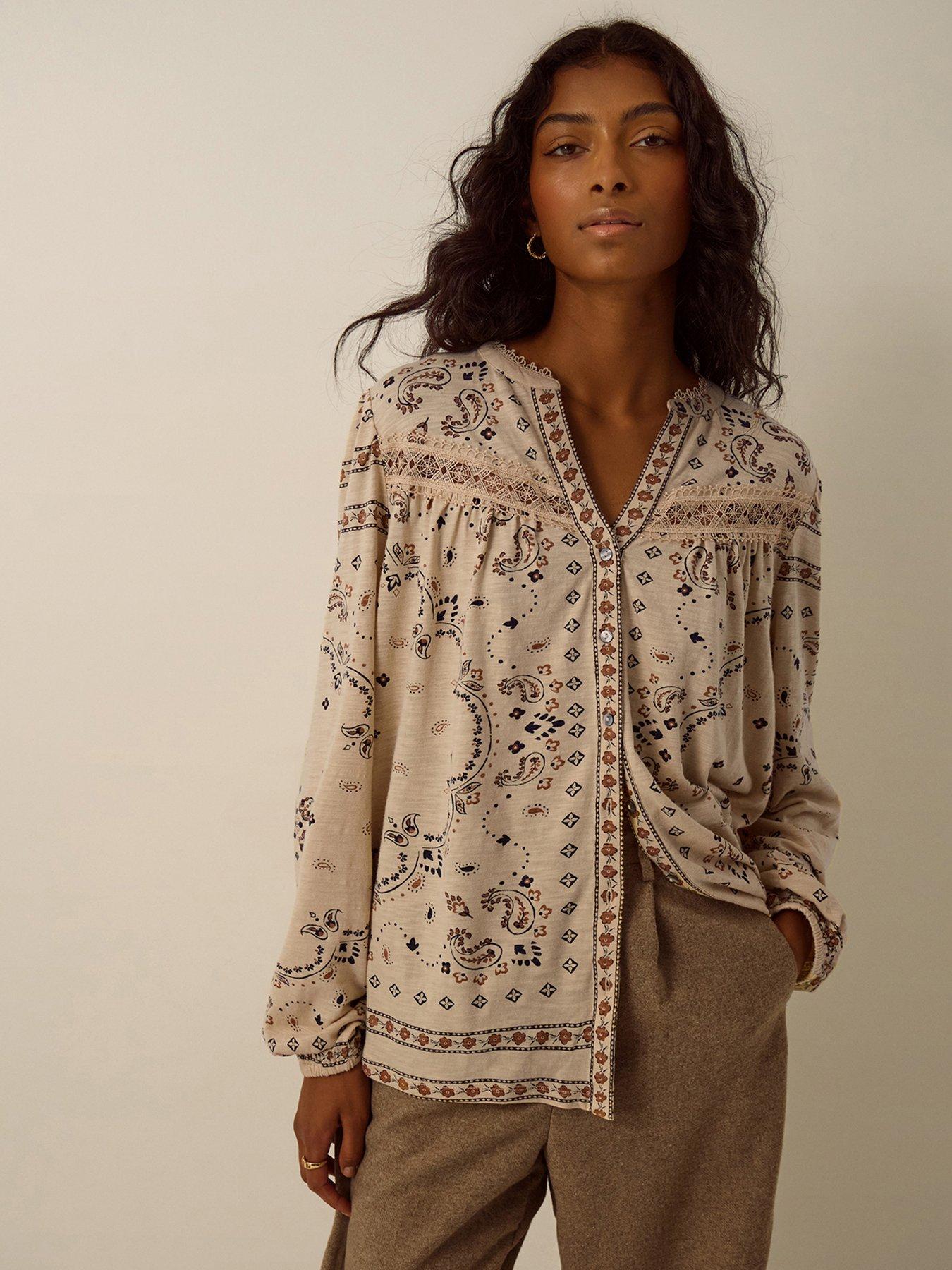 Image 1 of 4 of Monsoon Womens Gigi Paisley Print Jersey Lace Trim Shirt - Yellow