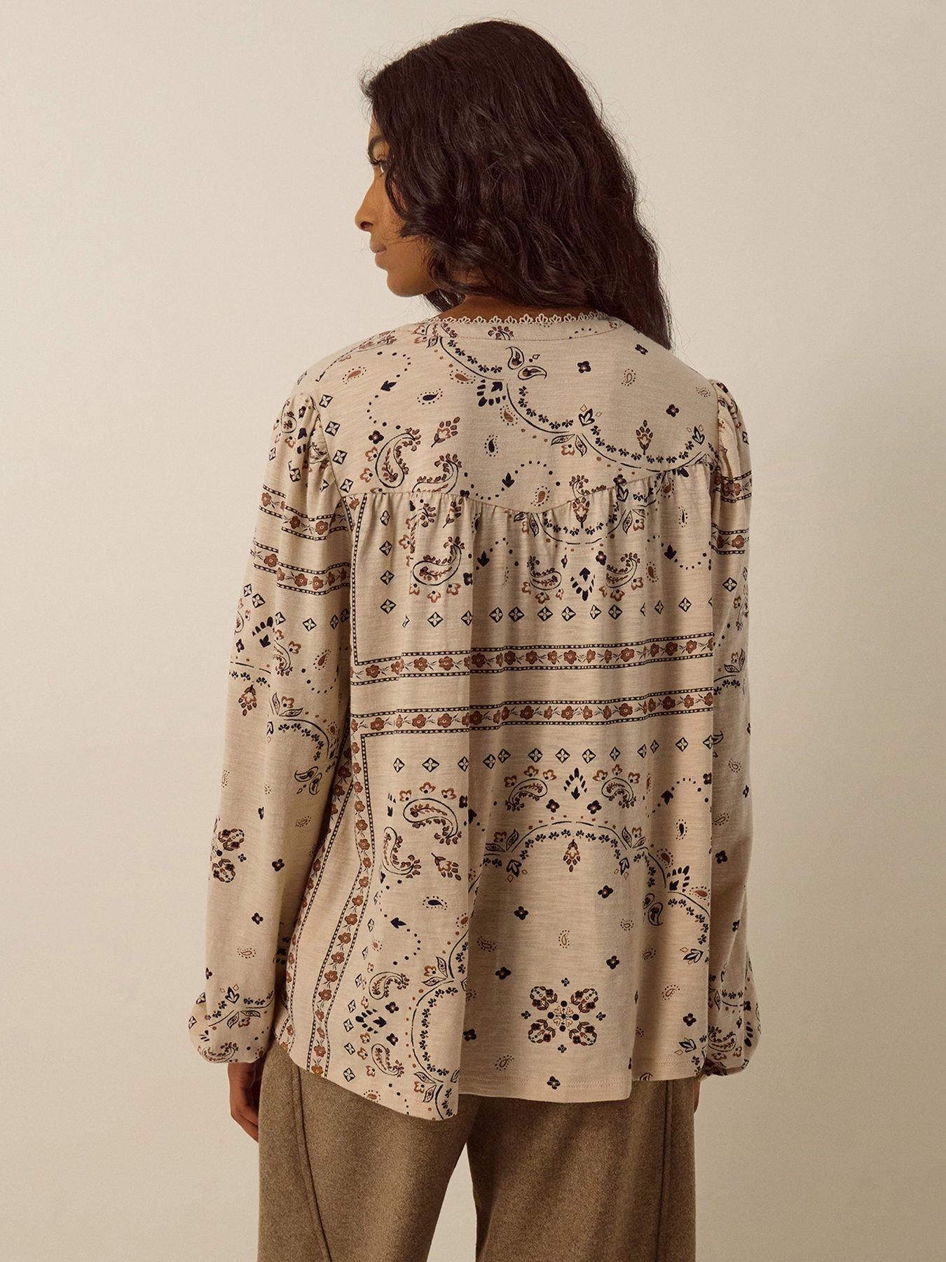 Image 2 of 4 of Monsoon Womens Gigi Paisley Print Jersey Lace Trim Shirt - Yellow