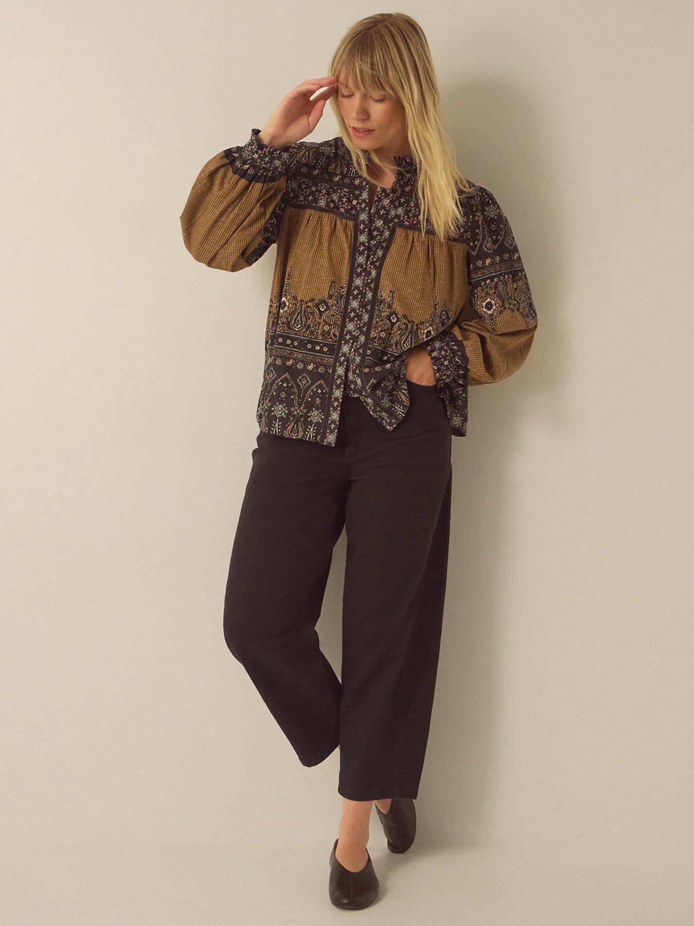 Image 4 of 6 of Monsoon Womens Mixed Print Button-Through Long Sleeve Blouse - Brown