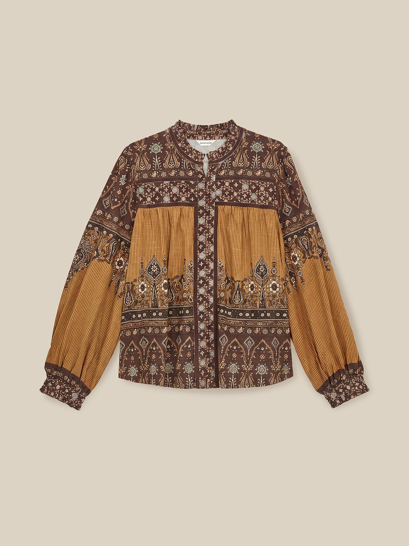 Image 6 of 6 of Monsoon Womens Mixed Print Button-Through Long Sleeve Blouse - Brown
