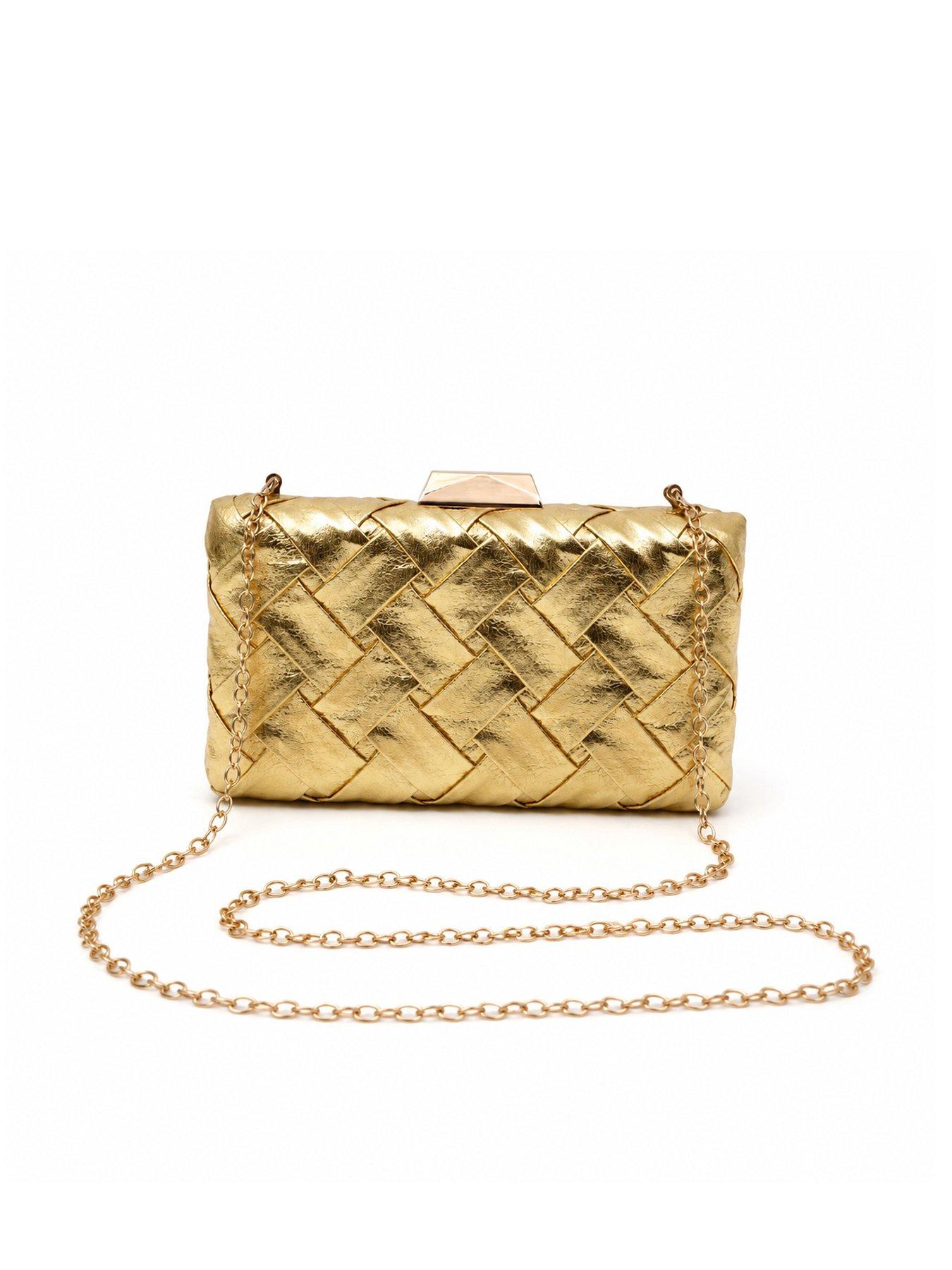 Image 1 of 5 of Glamorous Structured Woven Clutch Bag with Chain Shoulder Strap - Gold