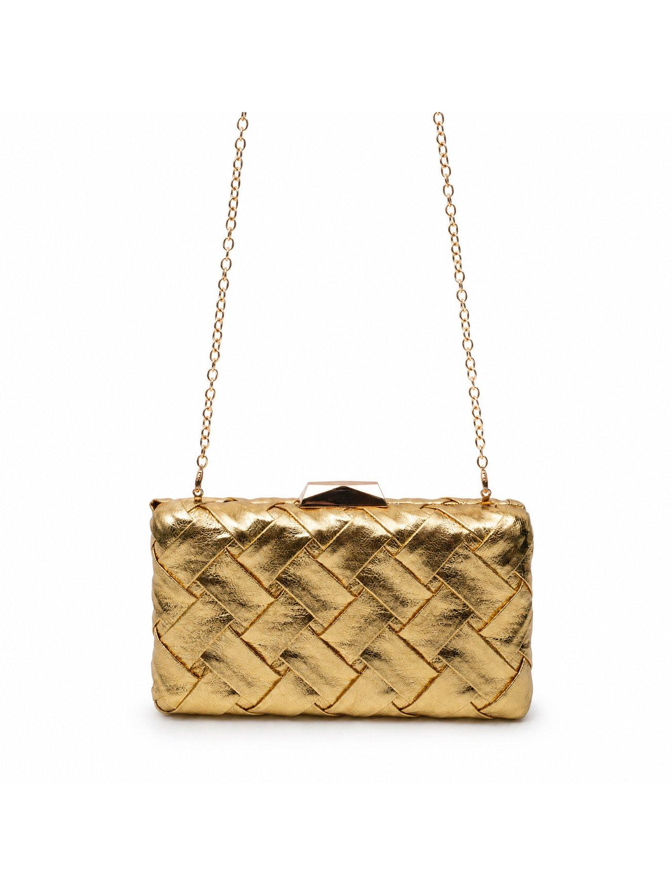 Image 2 of 5 of Glamorous Structured Woven Clutch Bag with Chain Shoulder Strap - Gold