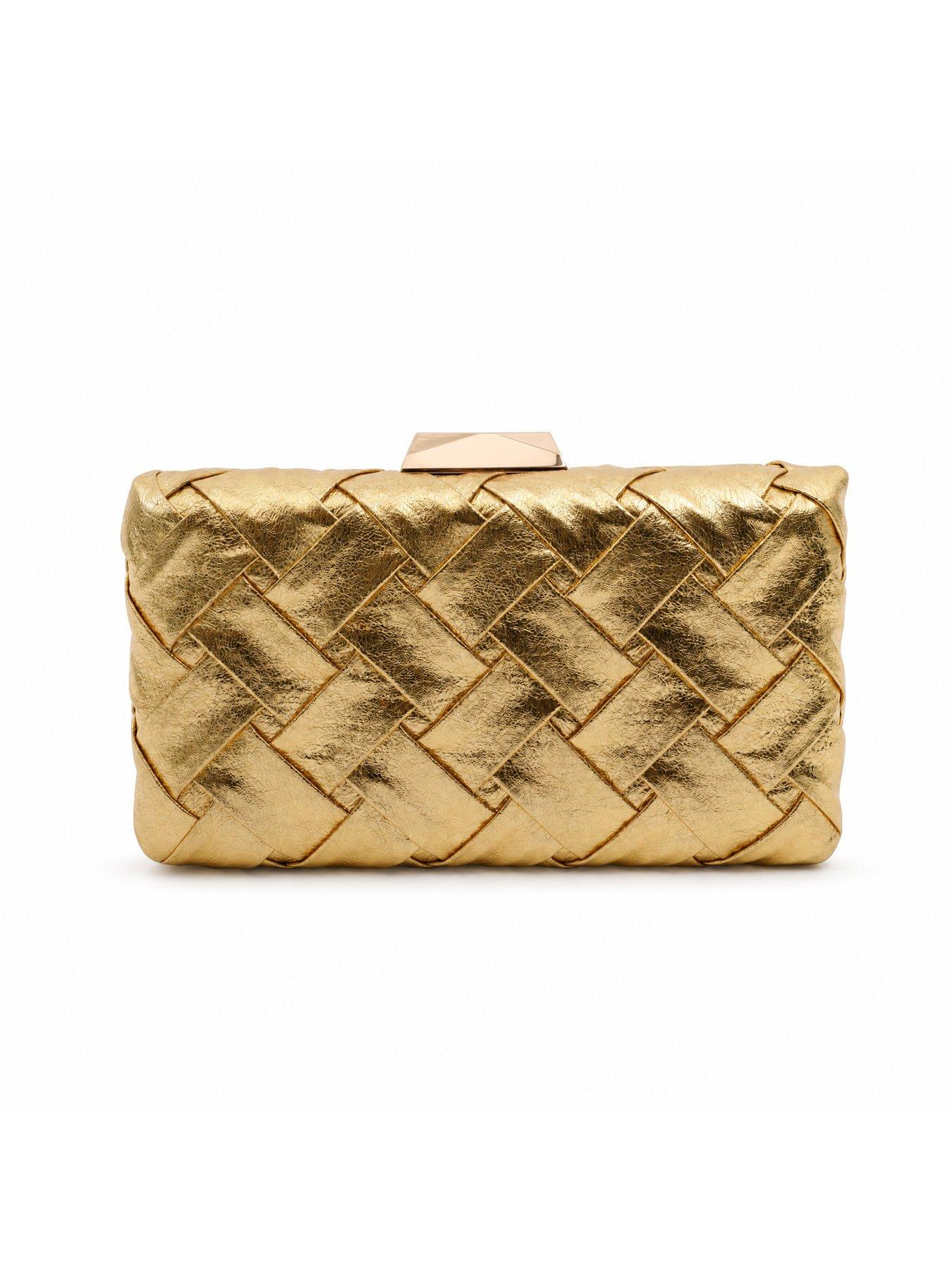 Image 3 of 5 of Glamorous Structured Woven Clutch Bag with Chain Shoulder Strap - Gold