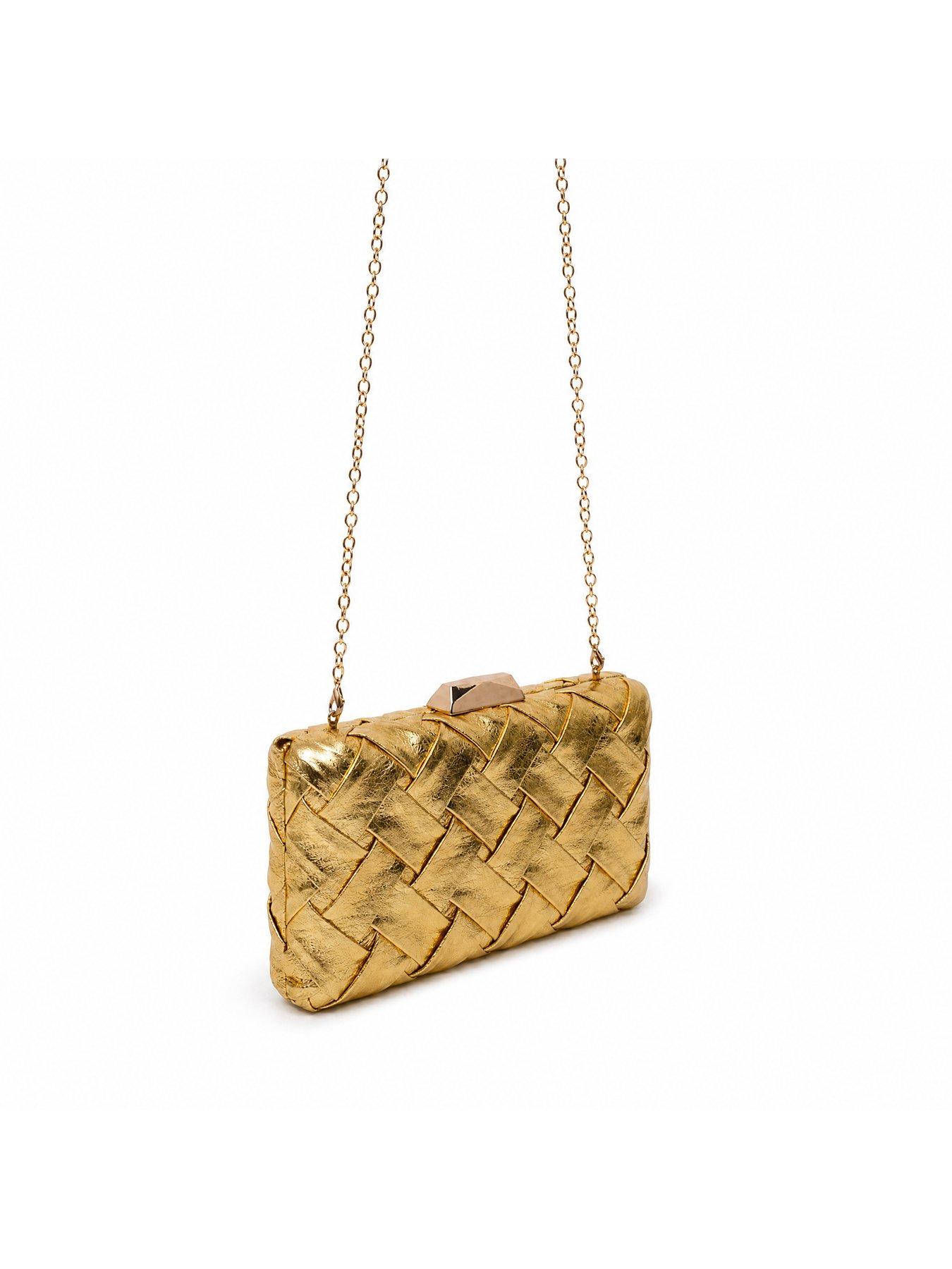 Image 4 of 5 of Glamorous Structured Woven Clutch Bag with Chain Shoulder Strap - Gold