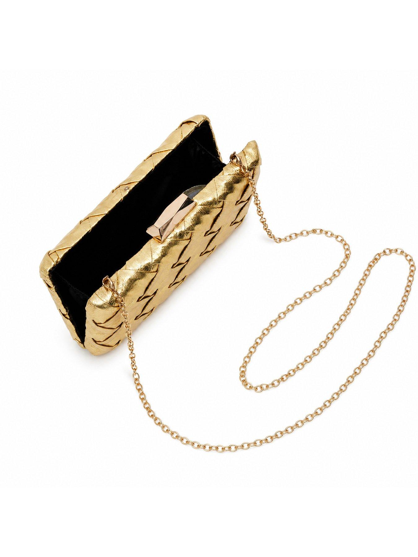 Image 5 of 5 of Glamorous Structured Woven Clutch Bag with Chain Shoulder Strap - Gold