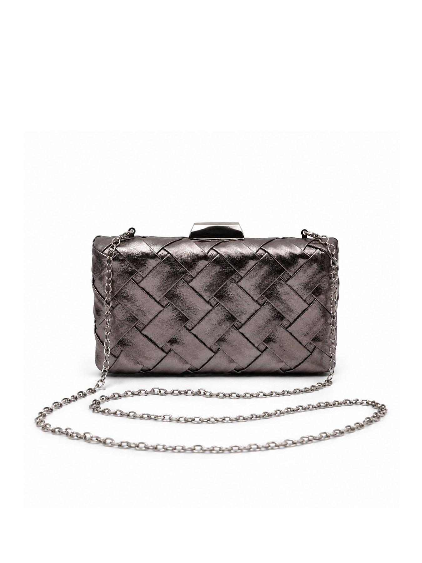 Image 1 of 5 of Glamorous Structured Woven Clutch Bag with Chain Shoulder Strap - Silver