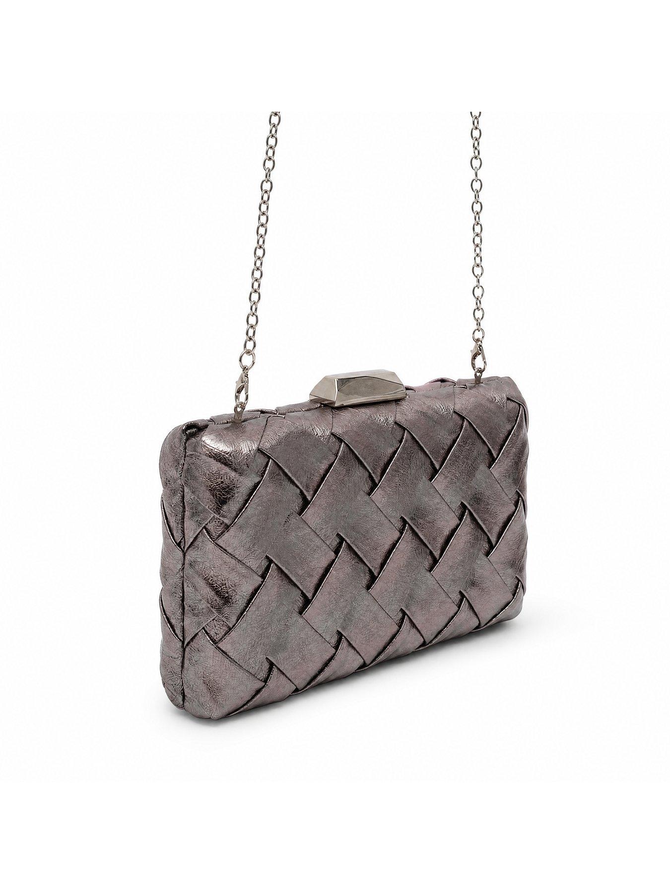 Image 4 of 5 of Glamorous Structured Woven Clutch Bag with Chain Shoulder Strap - Silver