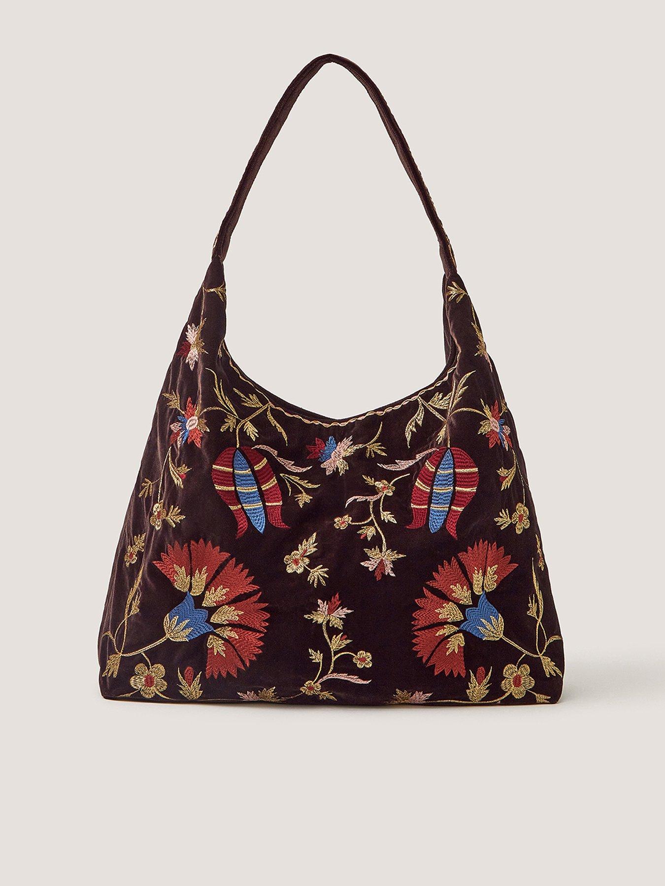 Monsoon Hatti Embroidered Velvet Slouchy Shoulder Bag - Brown