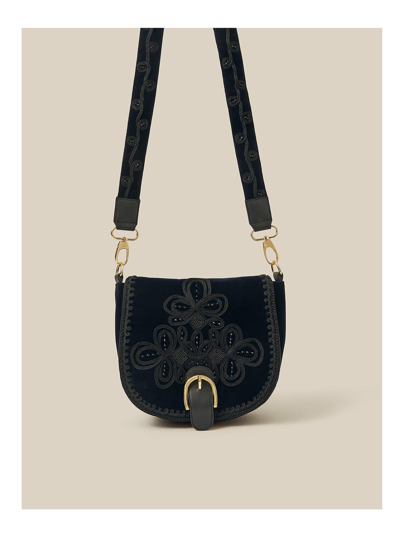 Image 1 of 4 of Monsoon Dori Embroidered Crossbody Saddle Bag - Black