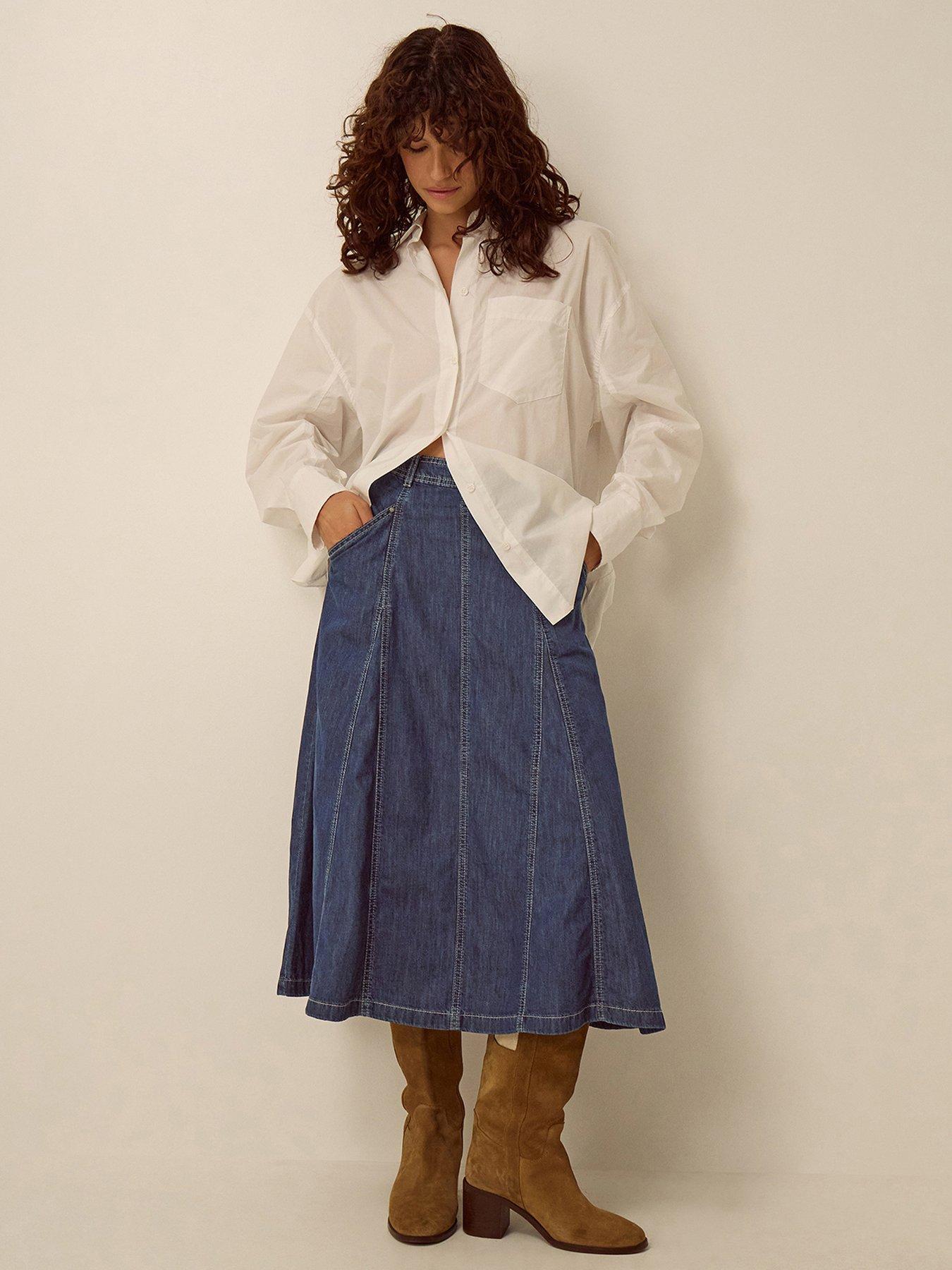 Monsoon Harper Godet Denim Midi Skirt - Blue