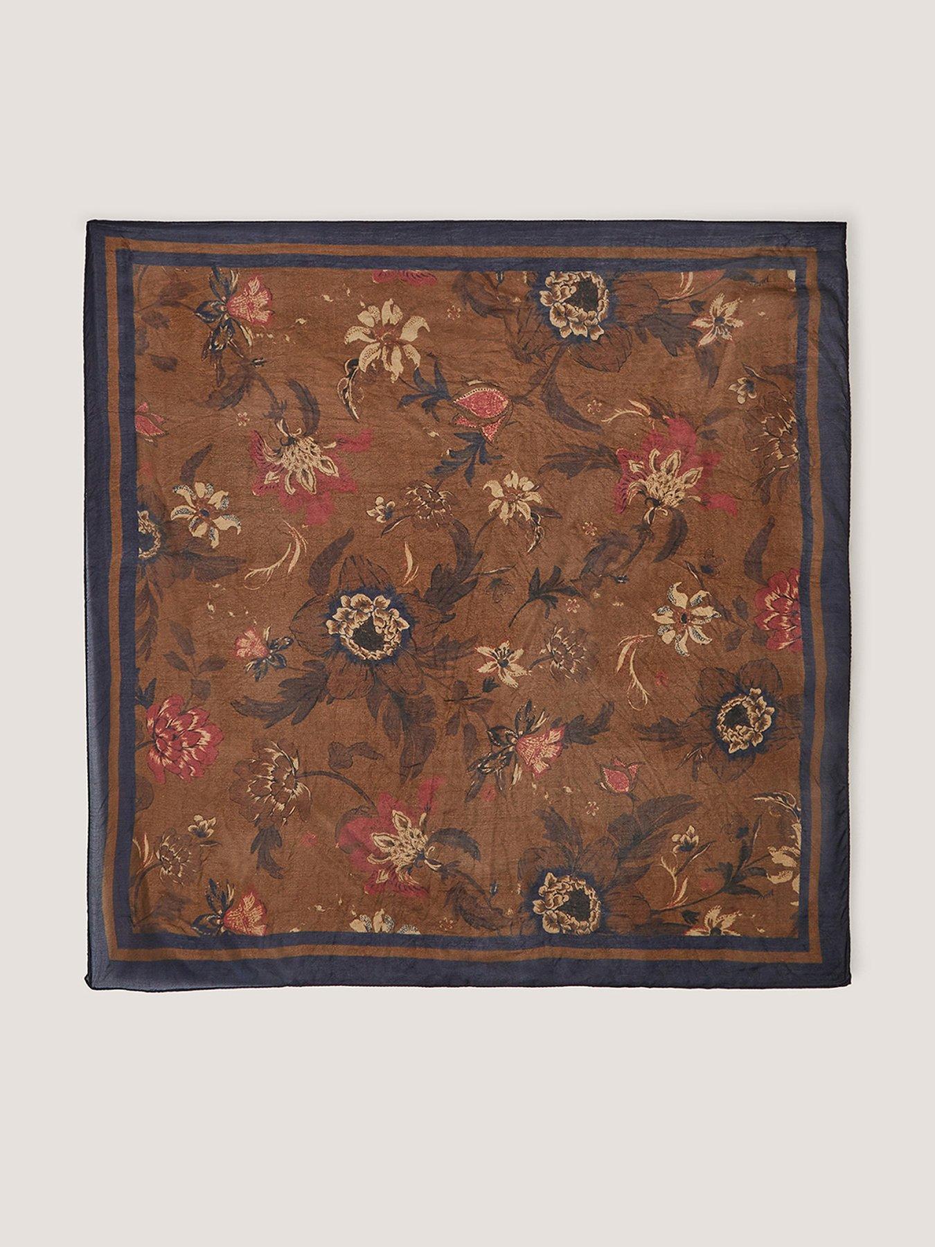 Image 1 of 2 of Monsoon Princella Floral Silk Square Scarf - Brown