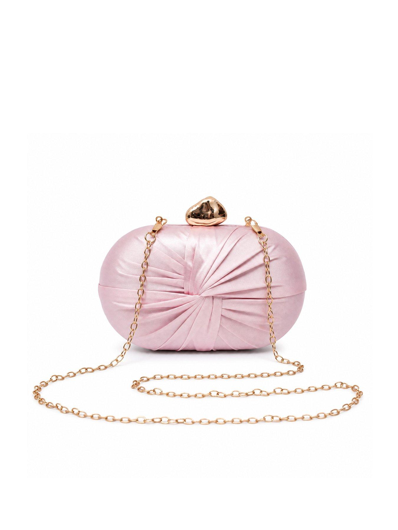 Image 1 of 5 of Glamorous Satin Clutch Bag with Chain Shoulder Strap - Pink