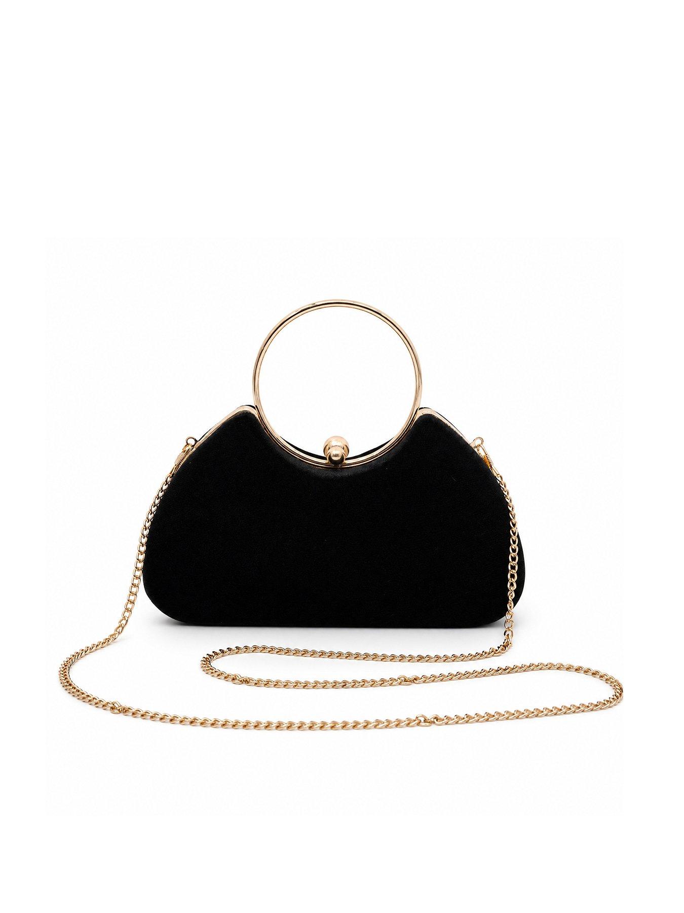 Image 1 of 5 of Glamorous Velvet Clutch Bag with Detachable Crossbody Chain Strap - Black