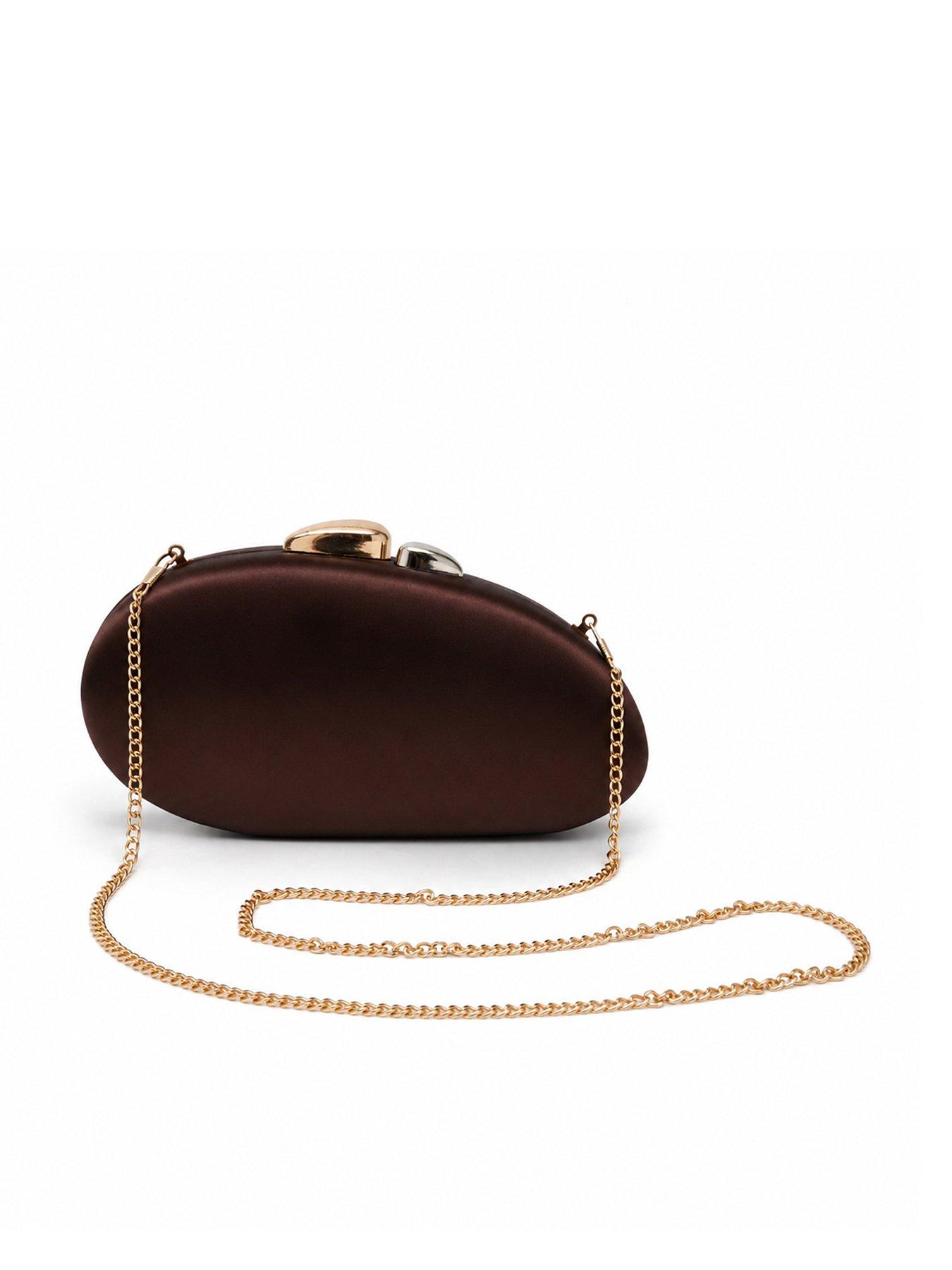 Image 1 of 5 of Glamorous Satin Oval Clutch Bag with Chain Shoulder Strap - Brown