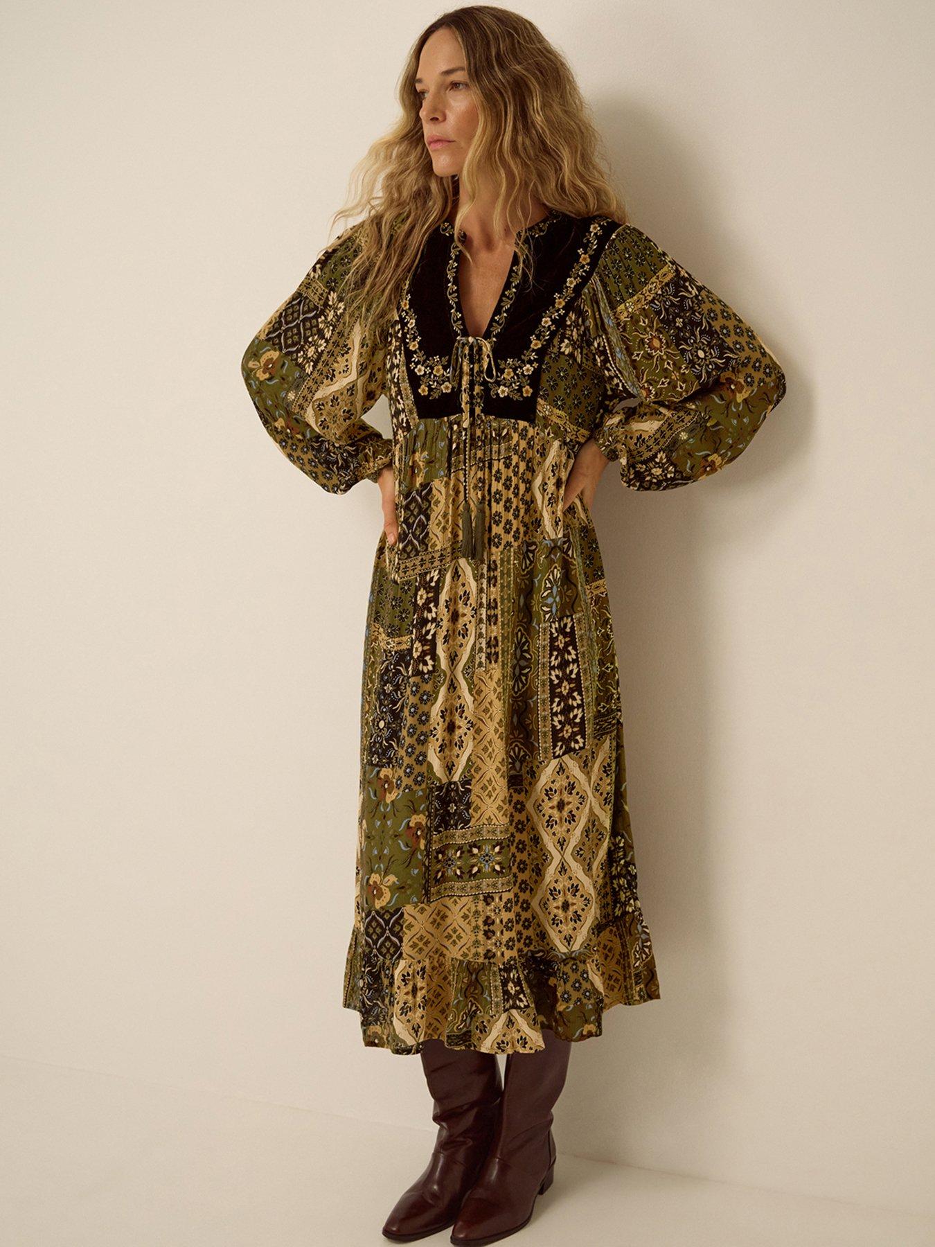 Image 1 of 5 of Monsoon Womens Patchwork Embroidered Tie Neck Smock Dress - Green
