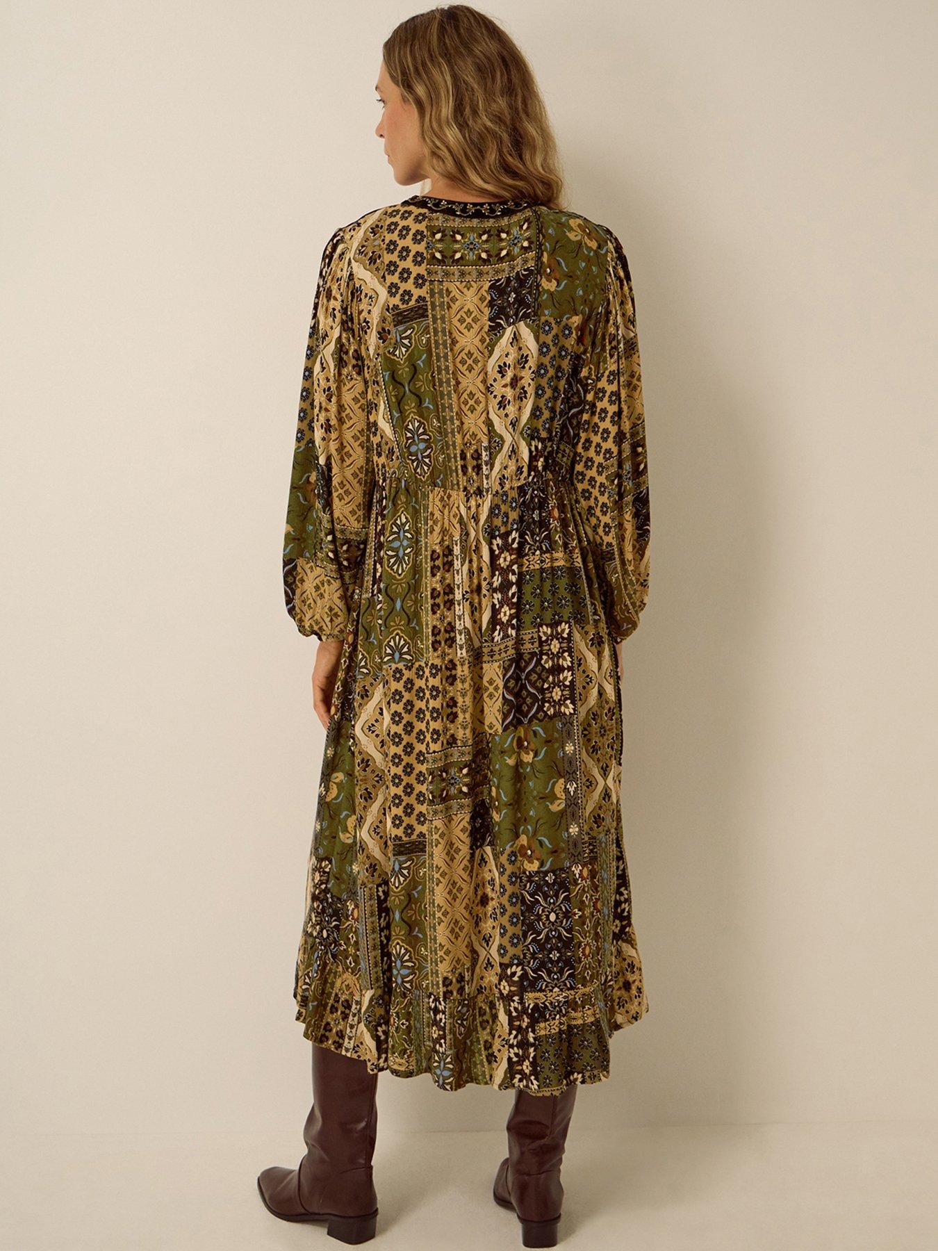 Image 2 of 5 of Monsoon Womens Patchwork Embroidered Tie Neck Smock Dress - Green