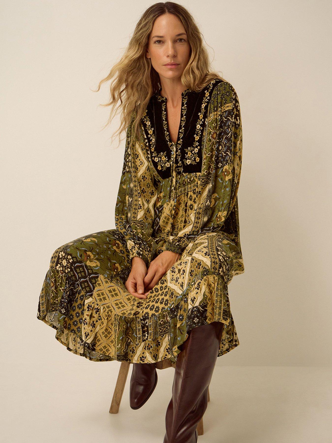 Image 3 of 5 of Monsoon Womens Patchwork Embroidered Tie Neck Smock Dress - Green