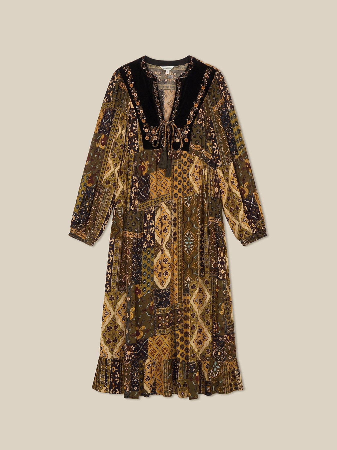 Image 5 of 5 of Monsoon Womens Patchwork Embroidered Tie Neck Smock Dress - Green